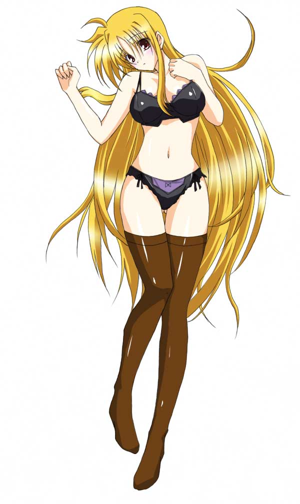 fate testarossa, lyrical nanoha, mahou shoujo lyrical nanoha, mahou shoujo lyrical nanoha strikers, 00s, 1girl, blonde hair, bra, female focus, lingerie, long hair, panties, solo, thigh gap, thighhighs, thighs, underwear, underwear only, very long hair