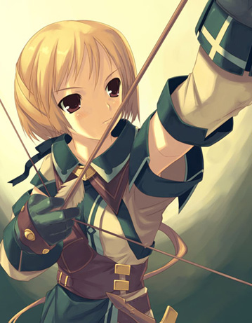 lowres, 1girl, arrow (projectile), blonde hair, bow (weapon), brown eyes, drawing bow, female focus, gloves, holding, holding bow (weapon), holding weapon, short hair, solo, weapon