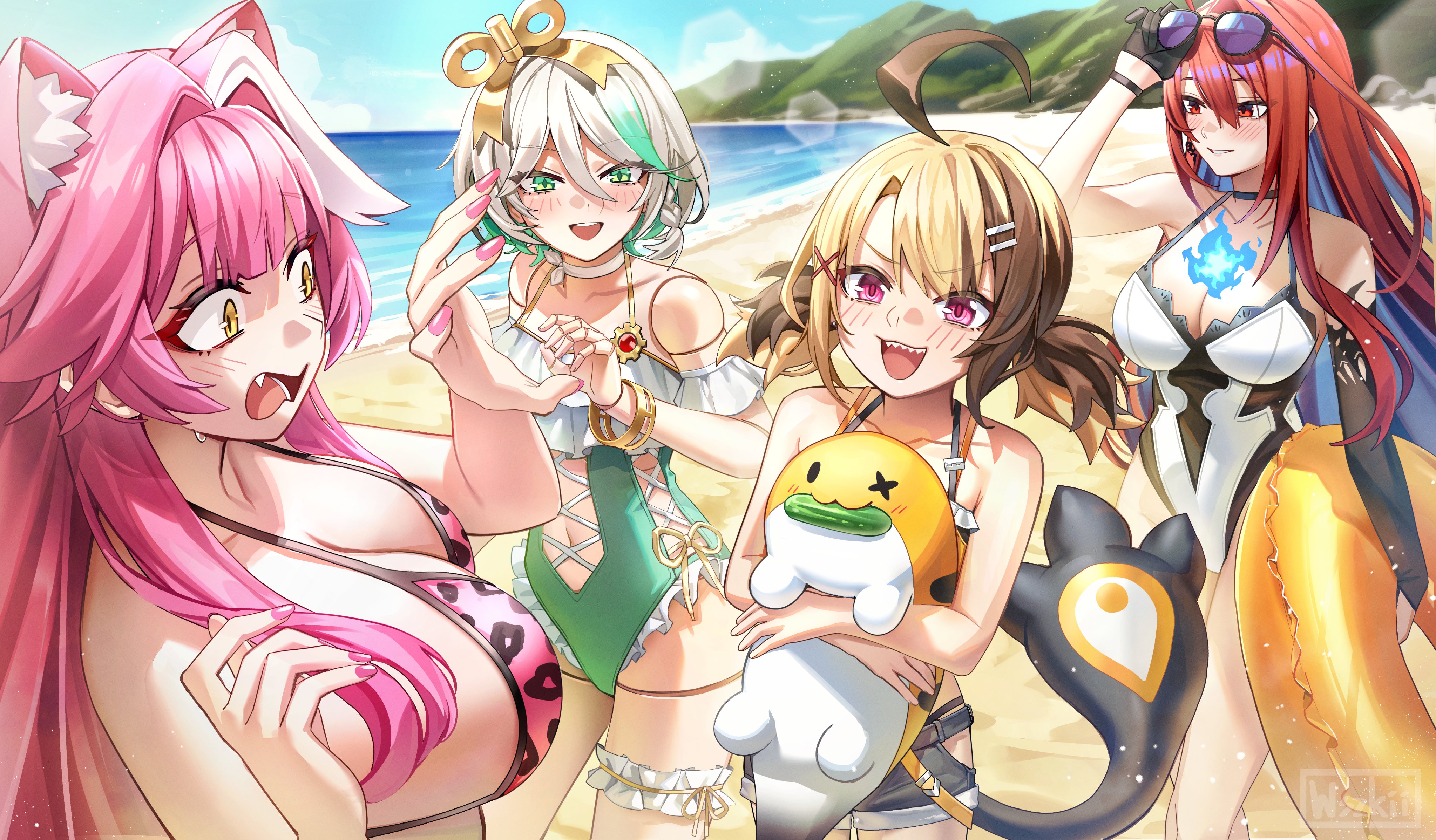 wszkii, cecilia immergreen, cecilia immergreen (holonatsu paradise), elizabeth rose bloodflame, gigi murin, gigi murin (holonatsu paradise), grem (gigi murin), raora panthera, raora panthera (holonatsu paradise), holojustice, hololive, hololive english, holonatsu paradise, absurdres, commentary, english commentary, highres, 4girls, :d, adjusting eyewear, ahoge, alternate costume, animal ears, beach, bikini, bikini under shorts, black gloves, blue fire, blue hair, blue sky, braid, breasts, brown hair, casual one-piece swimsuit, center-flap bangs, closed mouth, colored inner hair, cucumber, day, denim, denim shorts, doll, doll joints, double-parted bangs, extra ears, eyewear on head, fang, fire, fire on chest, frilled one-piece swimsuit, frills, gloves, green eyes, green hair, green one-piece swimsuit, grey hair, hair between eyes, hair ornament, hairclip, huge ahoge, joints, large breasts, leopard print bikini, long hair, multicolored hair, multicolored swimsuit, multiple girls, official alternate costume, one-piece swimsuit, open mouth, orange bikini, panther ears, panther tail, parallel hairclips, pink bikini, pink eyes, pink hair, red eyes, red hair, sharp teeth, short hair, short shorts, short twintails, shorts, side braid, sidelocks, single braid, single glove, single sidelock, sky, smile, streaked hair, swimsuit, tail, teeth, twintails, two-tone hair, very long hair, virtual youtuber, wavy mouth, white hair, white one-piece swimsuit, winding key, yellow eyes