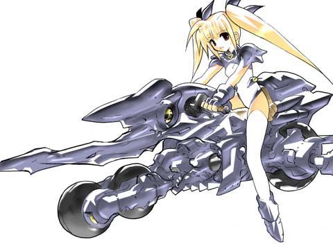 bardiche (nanoha), fate testarossa, lyrical nanoha, mahou shoujo lyrical nanoha, vehicle, lowres, 00s, 1girl, alternate weapon, blonde hair, female focus, motor vehicle, motorcycle, solo, thighhighs, twintails, weapon