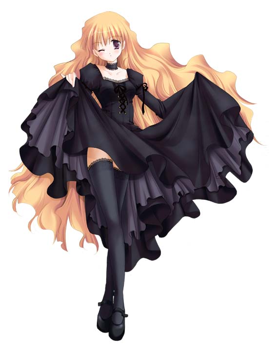 blonde hair, choker, clothes lift, full body, long hair, red eyes, simple background, skirt, skirt lift, solo, thighhighs, white background