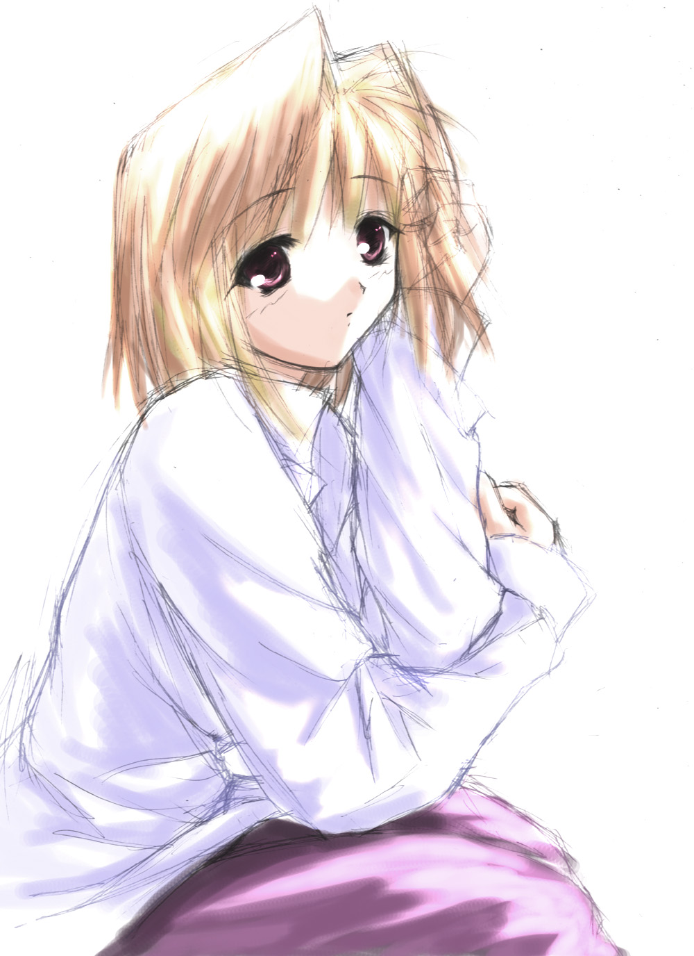 arcueid brunestud, tsukihime, highres, 00s, 1girl, blonde hair, female focus, purple skirt, red eyes, sketch, skirt, solo, sweater