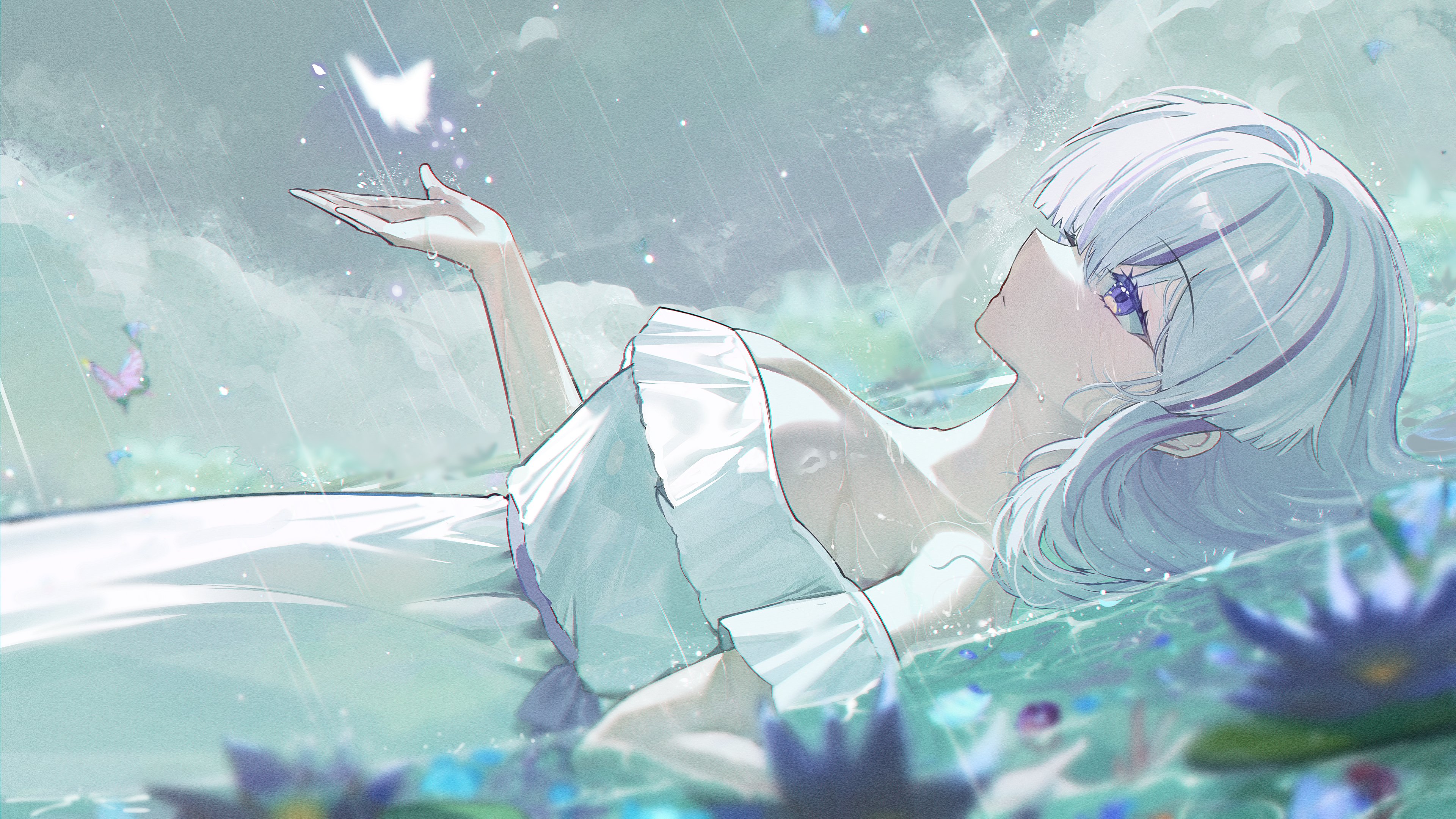 gurami (zangizarang), original, absurdres, highres, 1girl, bare shoulders, blue flower, blunt bangs, blurry, blurry foreground, breasts, bug, butterfly, cleavage, cloud, dress, flower, from side, grey sky, hand up, insect, large breasts, long hair, lying, off-shoulder dress, off shoulder, on back, partially submerged, purple eyes, rain, sky, solo, water, wet, white dress, white hair