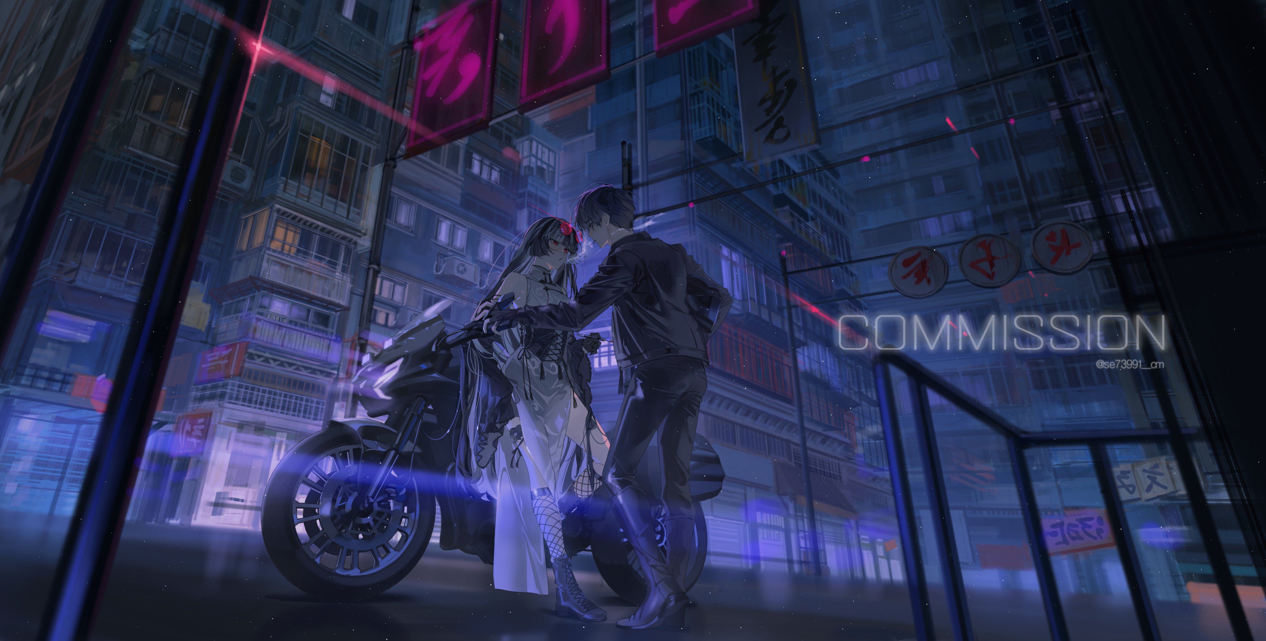 original, absurdres, commission, highres, 1boy, 1girl, artist name, bare shoulders, black boots, black corset, black gloves, black hair, black jacket, black pants, black sleeves, boots, breath, building, china dress, chinese clothes, city, cityscape, corset, detached sleeves, dress, eyewear on head, fingerless gloves, fishnet socks, fishnets, gloves, grey dress, grey hair, holding, holding smoking pipe, jacket, long hair, looking at another, motor vehicle, motorcycle, multicolored hair, pants, red-tinted eyewear, red eyes, round eyewear, se73991 cm, short hair, side slit, sleeveless, sleeveless dress, smoking, smoking pipe, socks, tinted eyewear, twitter username, two-tone hair, urban, very long hair, wide sleeves
