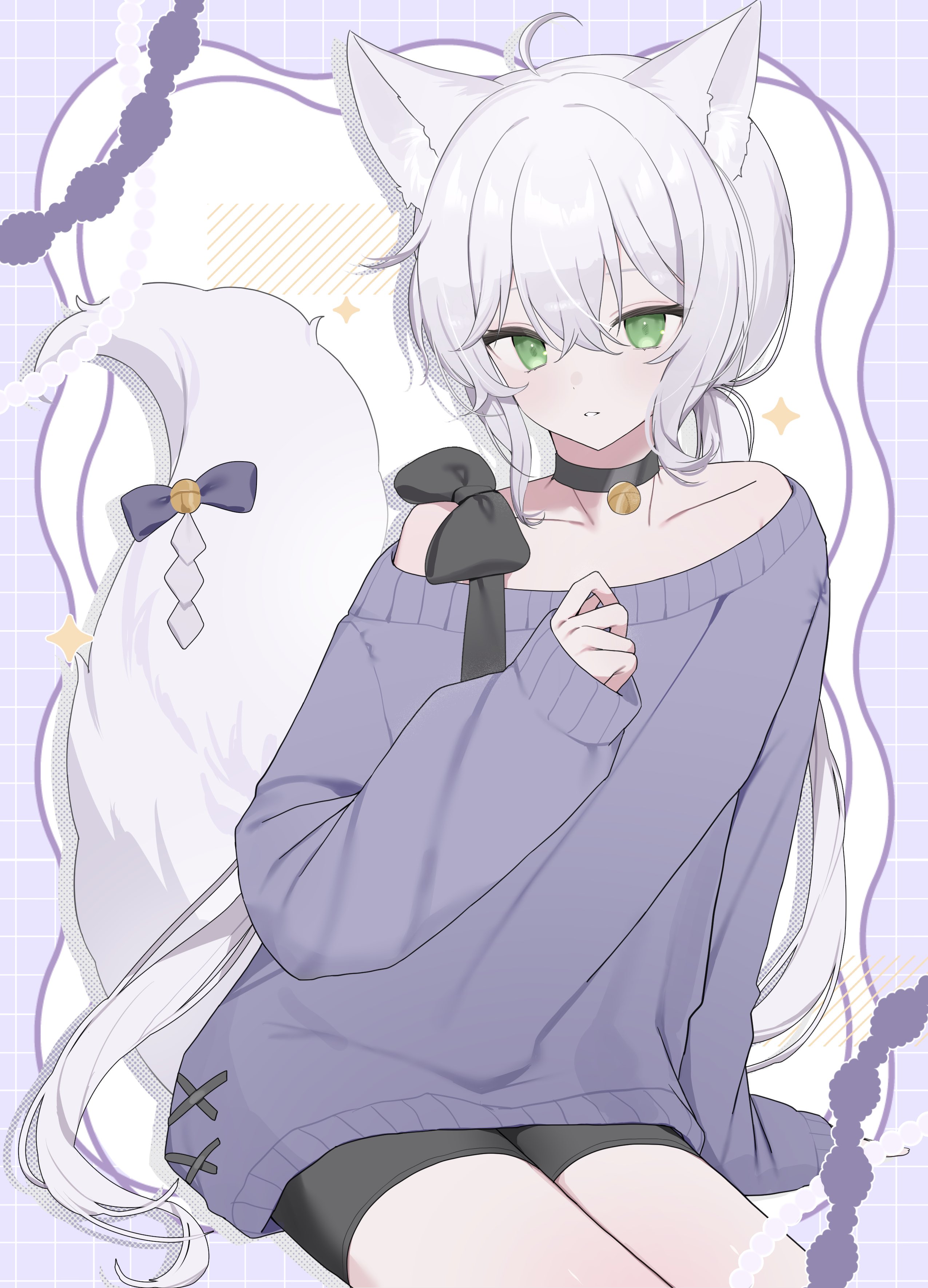 kohaku sogo, original, absurdres, highres, 1girl, ahoge, animal ear fluff, animal ears, bare shoulders, bell, black bow, black choker, black shorts, blush, bow, choker, collarbone, green eyes, long sleeves, looking at viewer, medium hair, neck bell, off-shoulder sweater, off shoulder, parted lips, purple sweater, shorts, solo, sweater, tail, tail bow, tail ornament, teeth, white hair