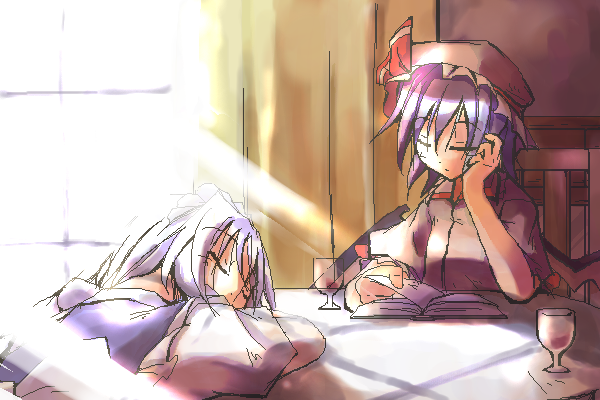 sorano eika, izayoi sakuya, remilia scarlet, touhou, 2girls, book, female focus, hat, indoors, mob cap, multiple girls, oekaki, sleeping, upper body