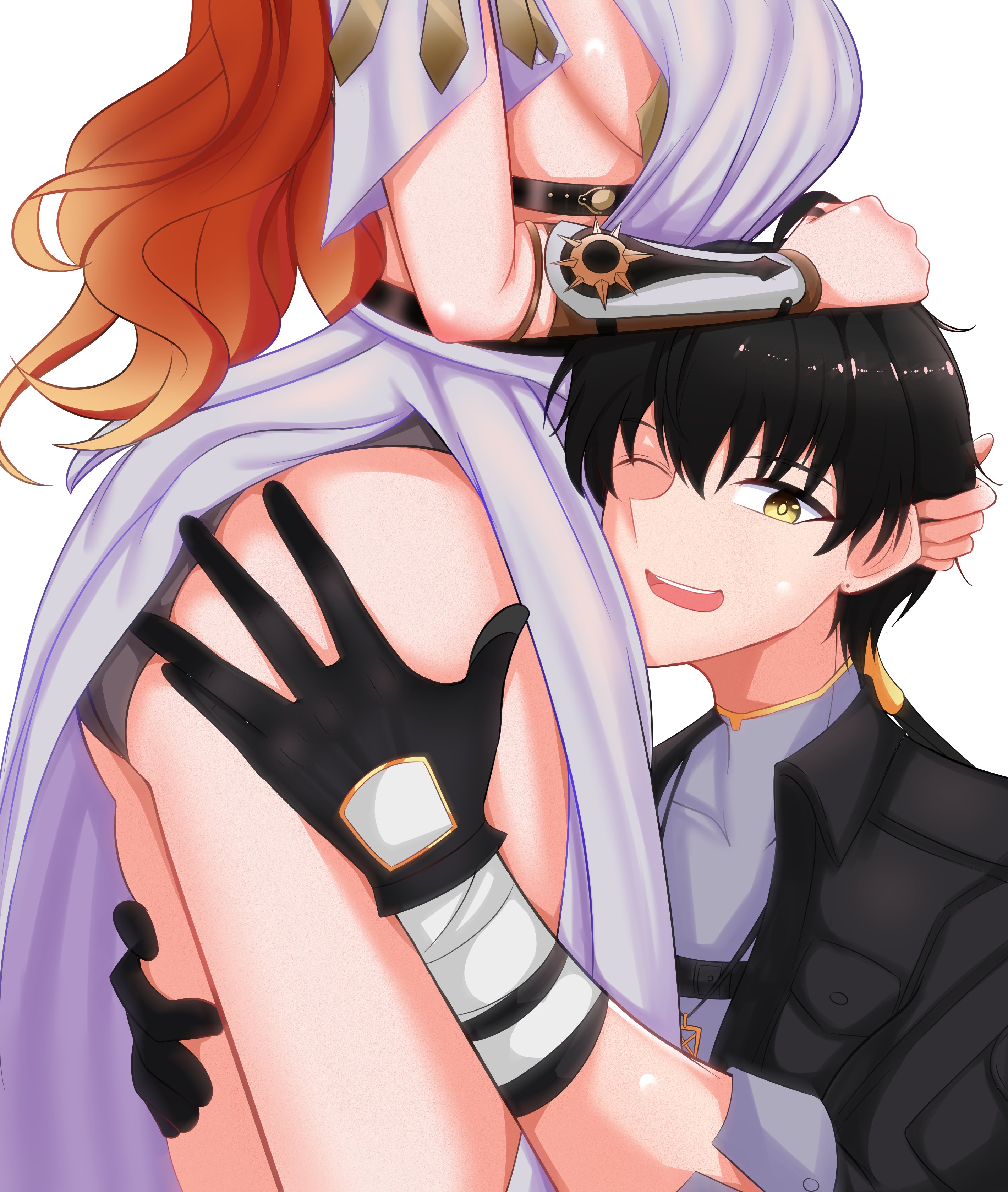augusta (wuthering waves), rover (wuthering waves), wuthering waves, absurdres, highres, 1boy, 1girl, black hair, breasts, devilcito, head on another's stomach, headpat, hug, hugging another's leg, large breasts, muscular, muscular female, one eye closed, red hair, short hair, smile, thick thighs, thighs, yellow eyes