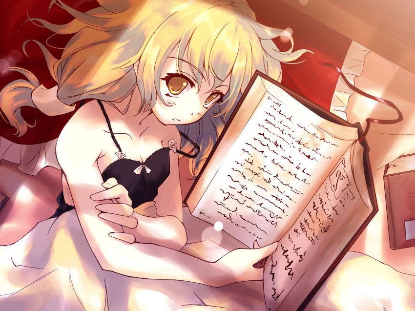 kirisame marisa, touhou, 1girl, bed, blonde hair, book, brown eyes, female focus, indoors, solo, upper body
