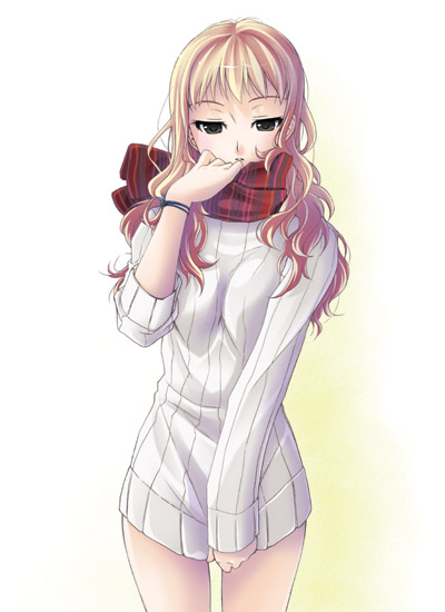 1girl, blonde hair, bottomless, brown eyes, clothes tug, covering crotch, covering privates, female focus, ribbed sweater, scarf, shirt tug, solo, standing, sweater, sweater tug