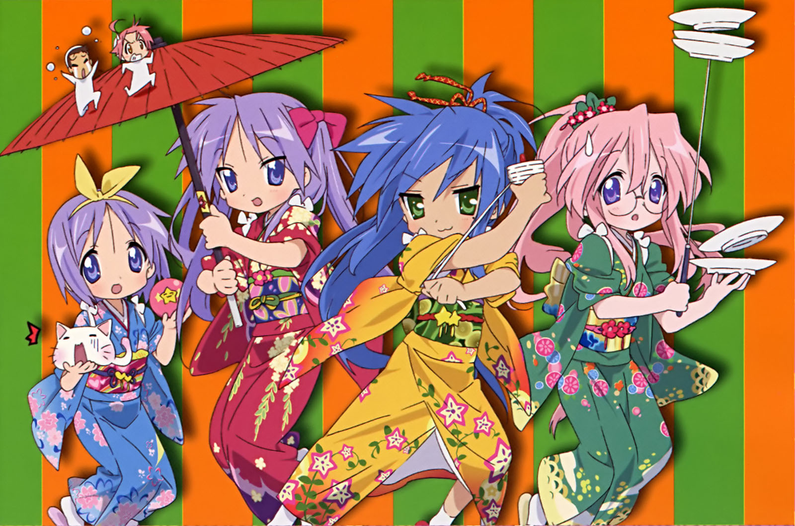 hiiragi kagami, hiiragi tsukasa, izumi konata, kogami akira, shiraishi minoru, takara miyuki, lucky star, highres, 00s, 1boy, 5girls, japanese clothes, kimono, mole, mole under eye, multiple girls, oil-paper umbrella, parasol, siblings, sisters, standing, twins, umbrella