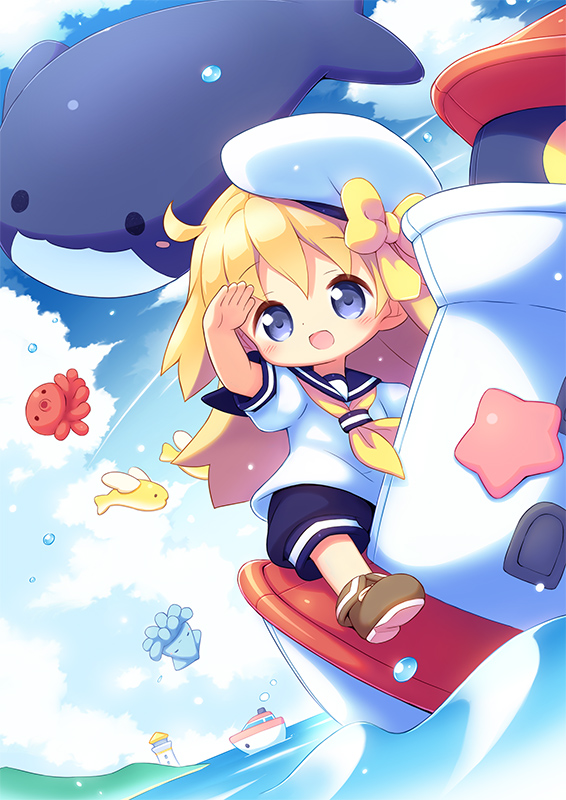 aikei ake, original, commentary request, 1girl, :d, animal, arm up, beret, blonde hair, blue eyes, blue sailor collar, blue shorts, blue sky, blush, boots, bow, brown boots, chibi, cloud, day, fish, flying fish, fold-over boots, hat, hat bow, long hair, neckerchief, ocean, octopus, open mouth, outdoors, puffy short sleeves, puffy shorts, puffy sleeves, sailor collar, salute, shirt, shoe soles, short sleeves, shorts, sky, smile, solo, squid, starfish, very long hair, water, whale, white hat, white shirt, yellow bow, yellow neckerchief