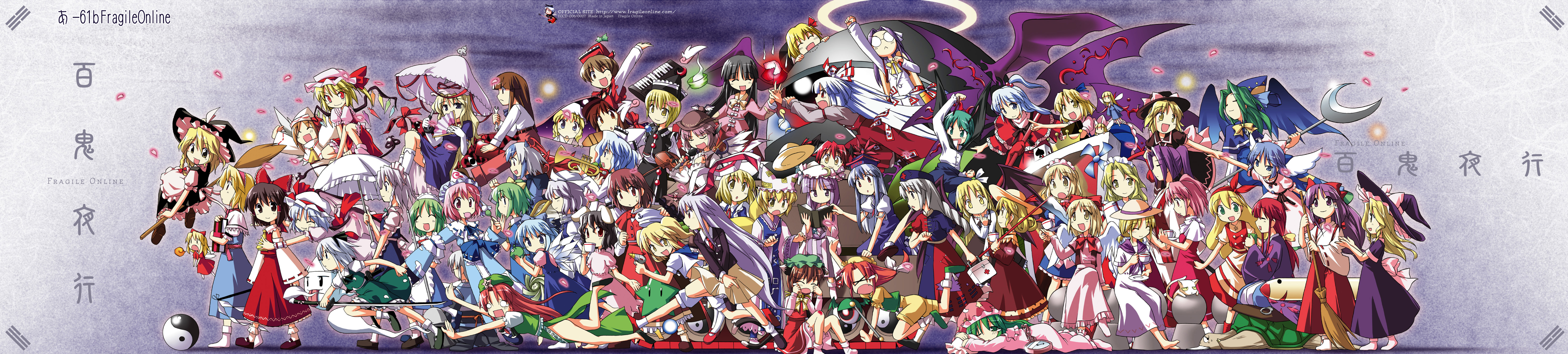toto nemigi, alice margatroid, alice margatroid (pc-98), asakura rikako, bakebake (touhou), chen, cirno, daiyousei, ellen (touhou), elly (touhou), evil eye (touhou), evil eye sigma, flandre scarlet, fujiwara no mokou, gengetsu (touhou), genjii (touhou), hakurei reimu, hakurei reimu (pc-98), hong meiling, hoshizako (touhou), hourai doll, houraisan kaguya, inaba tewi, izayoi sakuya, kamishirasawa keine, kana anaberal, kazami yuuka, kazami yuuka (pc-98), kirisame marisa, kirisame marisa (pc-98), kitashirakawa chiyuri, koakuma, konpaku youmu, konpaku youmu (ghost), kotohime (touhou), kurumi (touhou), letty whiterock, lily white, louise (touhou), lunasa prismriver, lyrica prismriver, mai (touhou), maribel hearn, meira (touhou), merlin prismriver, mima (touhou), mimi-chan, morichika rinnosuke, mugetsu (touhou), mystia lorelei, okazaki yumemi, orange (touhou), patchouli knowledge, reisen udongein inaba, remilia scarlet, rika (touhou), rumia, ruukoto, saigyouji yuyuko, sara (touhou), shanghai doll, shinki (touhou), sokrates (touhou), the 5 magic stones (touhou), tokiko (touhou), usami renko, wriggle nightbug, yagokoro eirin, yakumo ran, yakumo yukari, yuki (touhou), yumeko (touhou), embodiment of scarlet devil, ghostly field club, imperishable night, lotus land story, mystic square, perfect cherry blossom, phantasmagoria of dim.dream, the story of eastern wonderland, touhou, touhou (pc-98), absurdres, highres, long image, wide image, 1boy, 6+girls, absolutely everyone, animal ears, antennae, barefoot, bat wings, black hair, blazer, blonde hair, blue eyes, blue hair, blush, book, bow, braid, brown hair, cat ears, cat tail, child, china dress, chinese clothes, demon, detached sleeves, doll, dress, earrings, elbow gloves, everyone, fox ears, fox tail, gap (touhou), ghost, glasses, gloves, green eyes, green hair, hair ribbon, hairband, hat, head wings, hitodama, horns, instrument, jacket, japanese clothes, jewelry, katana, kimono, knife, long hair, maid, miko, multicolored hair, multiple girls, multiple tails, necktie, open mouth, parasol, pink hair, ponytail, purple eyes, purple hair, rabbit ears, red eyes, red hair, ribbon, samurai, short hair, side ponytail, skirt, sokrates, suspenders, sword, tail, thighhighs, throwing knife, time paradox, turtle, twin braids, umbrella, weapon, white hair, wings, witch, witch hat, yellow eyes