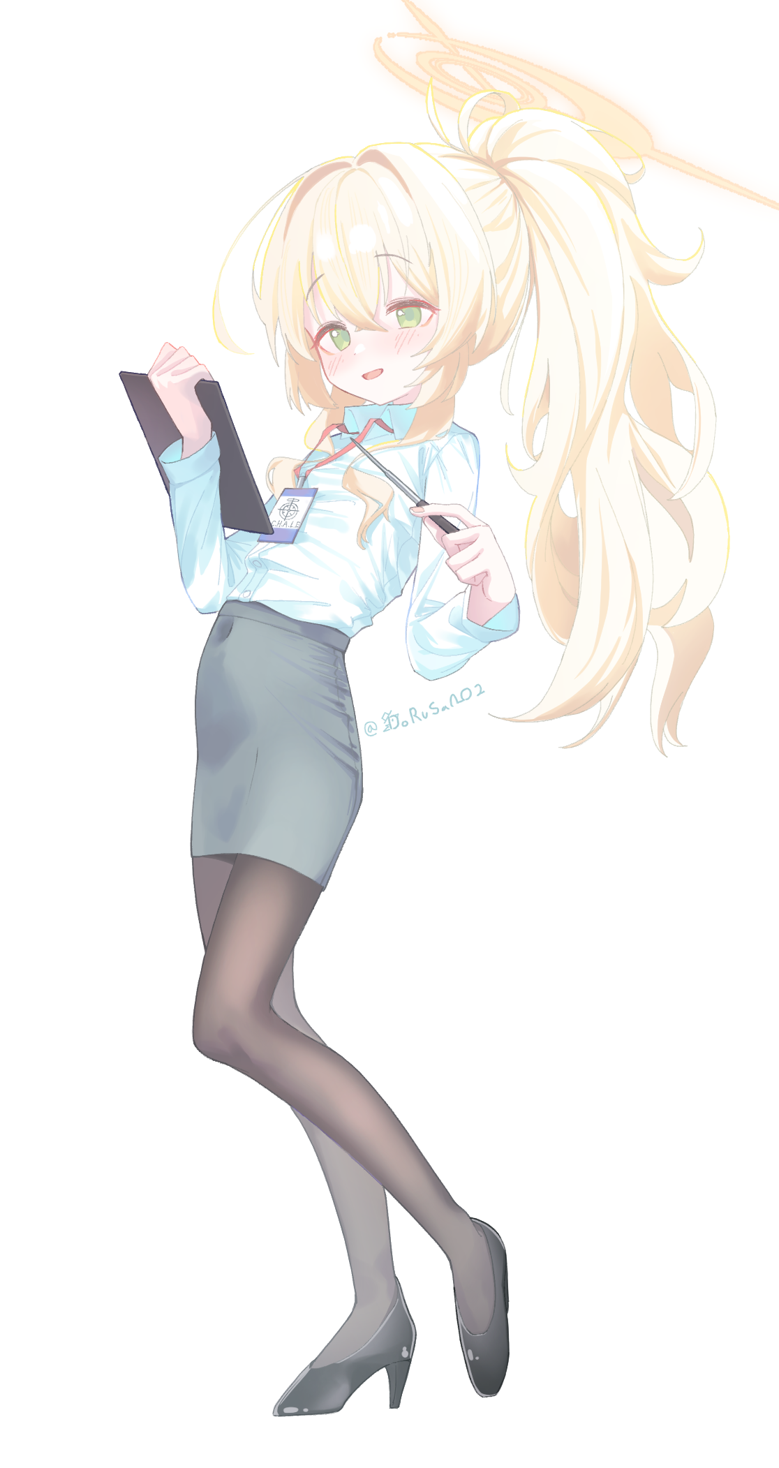dorusan 02, professor niyaniya (blue archive), blue archive, fluffy hair, commentary, highres, 1girl, :d, black pantyhose, black shoes, black skirt, blonde hair, blush, breasts, cane, clipboard, collared shirt, covered navel, full body, green eyes, halo, high heels, holding, holding cane, holding clipboard, holding pointer, lanyard, long hair, long sleeves, looking at viewer, open mouth, pantyhose, pencil skirt, pointer, ponytail, schale logo, shirt, shoes, side ahoge, simple background, skirt, small breasts, smile, solo, standing, twitter username, very long hair, white background, white shirt, yellow halo
