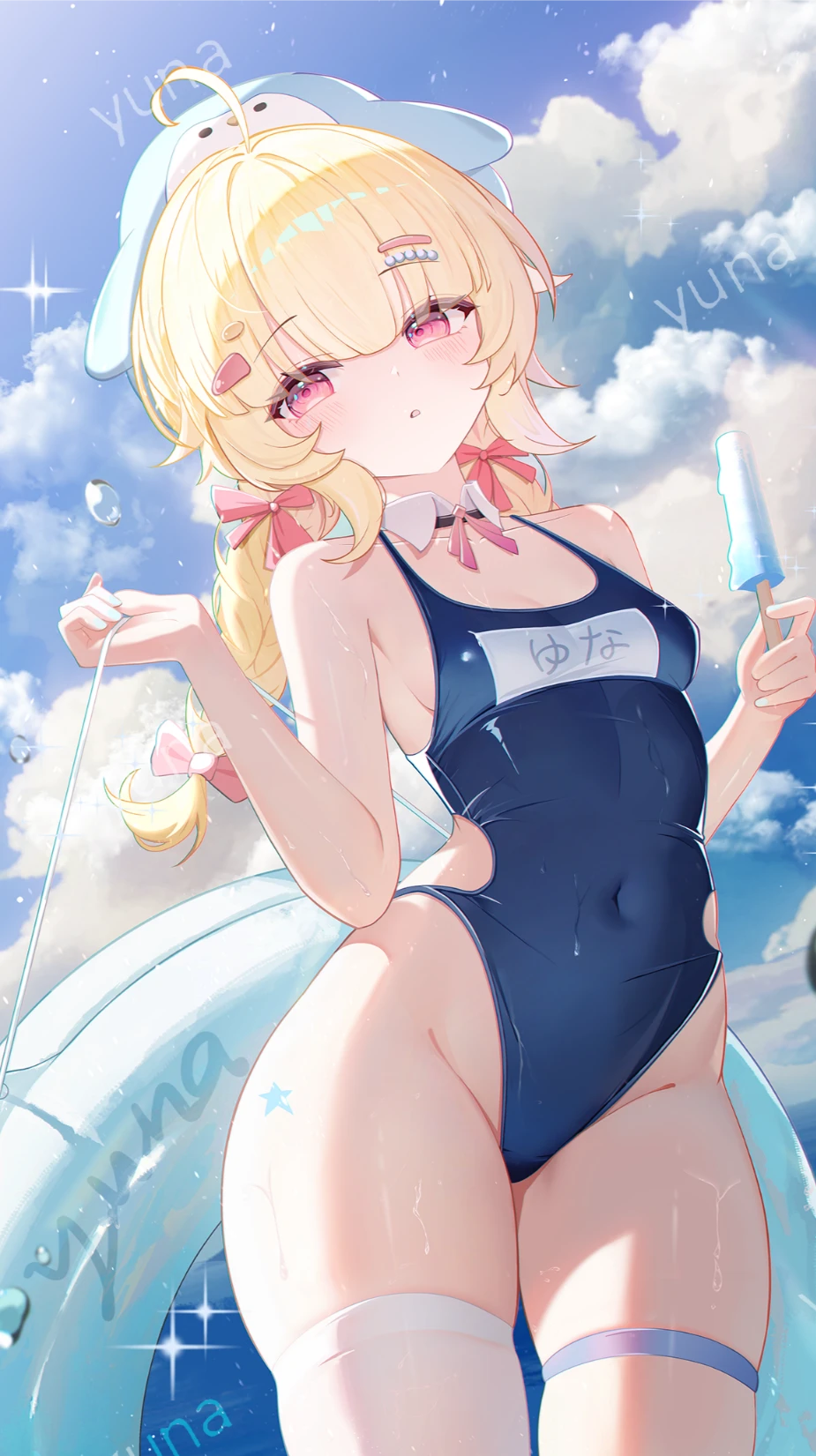 zhuchengbi, indie virtual youtuber, commission, highres, 1girl, :o, blonde hair, blue one-piece swimsuit, blush, bow, breasts, clothing cutout, cloud, cloudy sky, commissioner name, covered navel, hands up, highleg, highleg one-piece swimsuit, innertube, long hair, looking to the side, one-piece swimsuit, outdoors, parted lips, red bow, red eyes, school swimsuit, side cutout, single thighhigh, sky, small breasts, solo, sunlight, swim ring, swimsuit, thighhighs, twintails, watermark, white thighhighs
