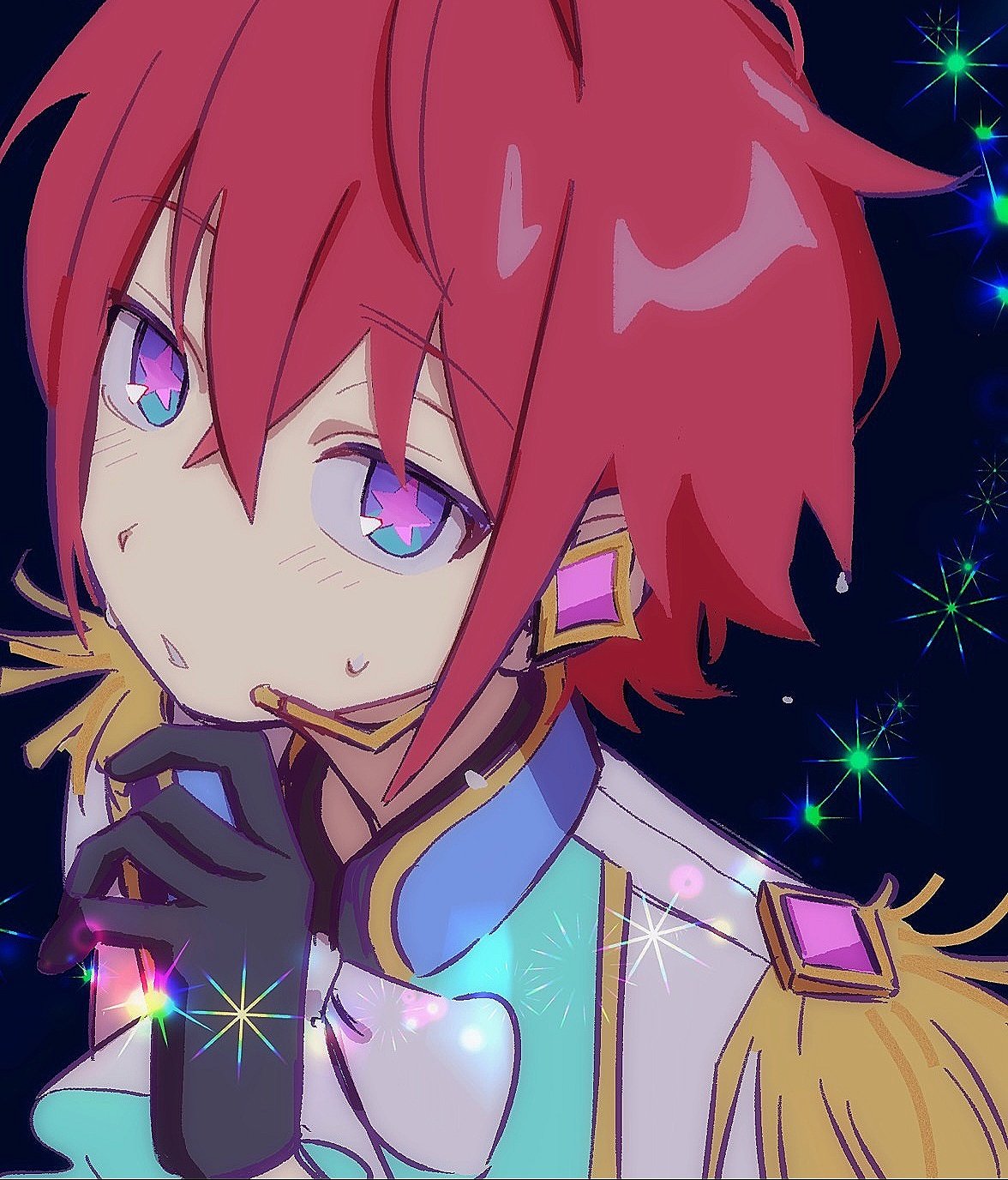 ivib, suou tsukasa, ensemble stars!, highres, 1boy, black background, black gloves, blush, bow, collar, dark background, gloves, hair between eyes, hands under chin, idol, idol clothes, jacket, lavalier microphone, loose hair strand, microphone, open mouth, parted lips, purple eyes, red hair, short hair, sidelocks, simple background, solo, sparkle, star-shaped pupils, star (symbol), sweat, sweatdrop, symbol-shaped pupils