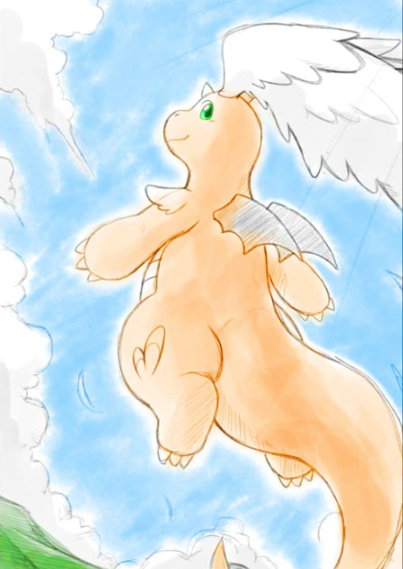 toruu (kzpm2483), dragonite, mega dragonite, nintendo, pokemon, commentary, symbol-only commentary, blue sky, claws, cloud, cloudy sky, flying, from behind, gen 1 pokemon, green eyes, head wings, horns, looking at viewer, looking back, pokemon (creature), single horn, sky, wings