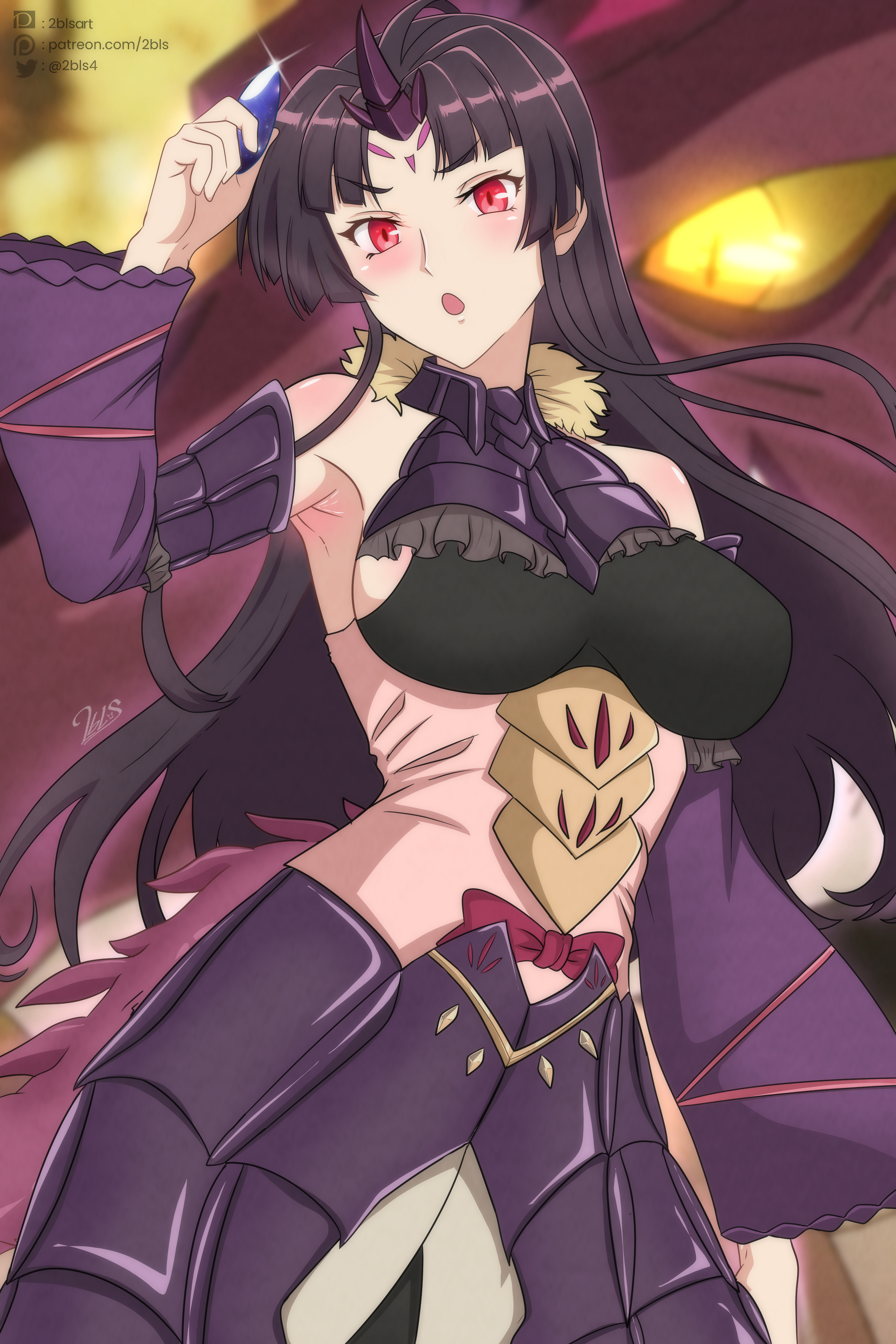twobless, wridra, nihon e youkoso elf-san., absurdres, highres, 1girl, armor, armored skirt, armpits, blush, breastplate, breasts, detached sleeves, dragon, dragon girl, dragon horns, dragon tail, dual persona, gem, holding, holding gem, horns, large breasts, long hair, looking at viewer, open mouth, red eyes, signature, solo, tail, very long hair, western dragon, yellow eyes