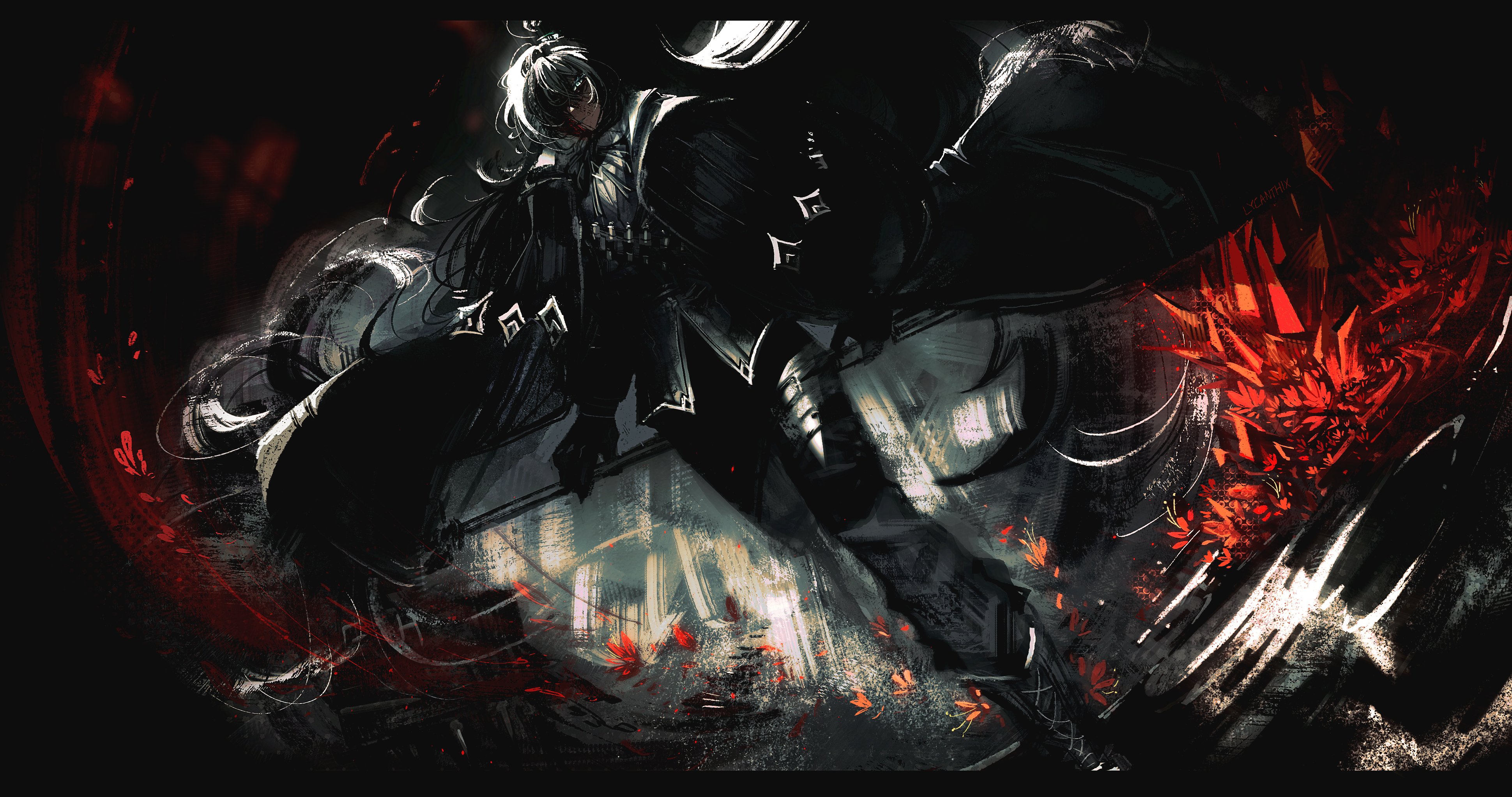 lycanthix, hong lu (project moon), limbus company, project moon, absurdres, highres, 1boy, black background, black boots, black bow, black bowtie, black coat, black gloves, black hair, black pants, black vest, blood, blood on face, blue eyes, boots, bow, bowtie, coat, cowboy shot, fanghunt office (identity) (project moon), flower, gloves, long hair, long sleeves, looking at viewer, male focus, pants, ponytail, red flower, simple background, solo, standing, vest