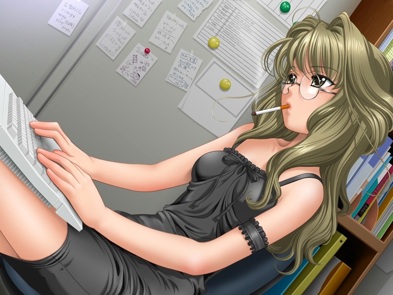 sano toshihide, inuyanagi kurage, penciller kana, game cg, 1girl, ahoge, arm garter, black dress, book, bookshelf, bow, brown hair, chair, cigarette, computer, computer keyboard, dress, dutch angle, female focus, flat chest, glasses, green hair, grey eyes, indoors, keyboard, long hair, mouth hold, office chair, on chair, paper, short dress, sitting, smoking, solo, swivel chair