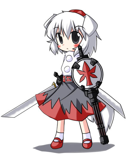 r pascal, inubashiri momiji, touhou, silver hair, 1girl, animal ears, belt, chibi, female focus, gatling gun, grey eyes, gun, hat, long skirt, mary janes, minigun, shield, shoes, skirt, socks, solo, sword, tail, weapon, wolf ears, wolf tail