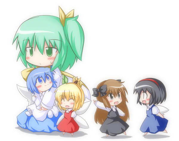 r pascal, daiyousei, sunflower fairy (touhou), embodiment of scarlet devil, touhou, 5girls, chibi, dress, fairy, female focus, multiple girls, ponytail, short ponytail, white background