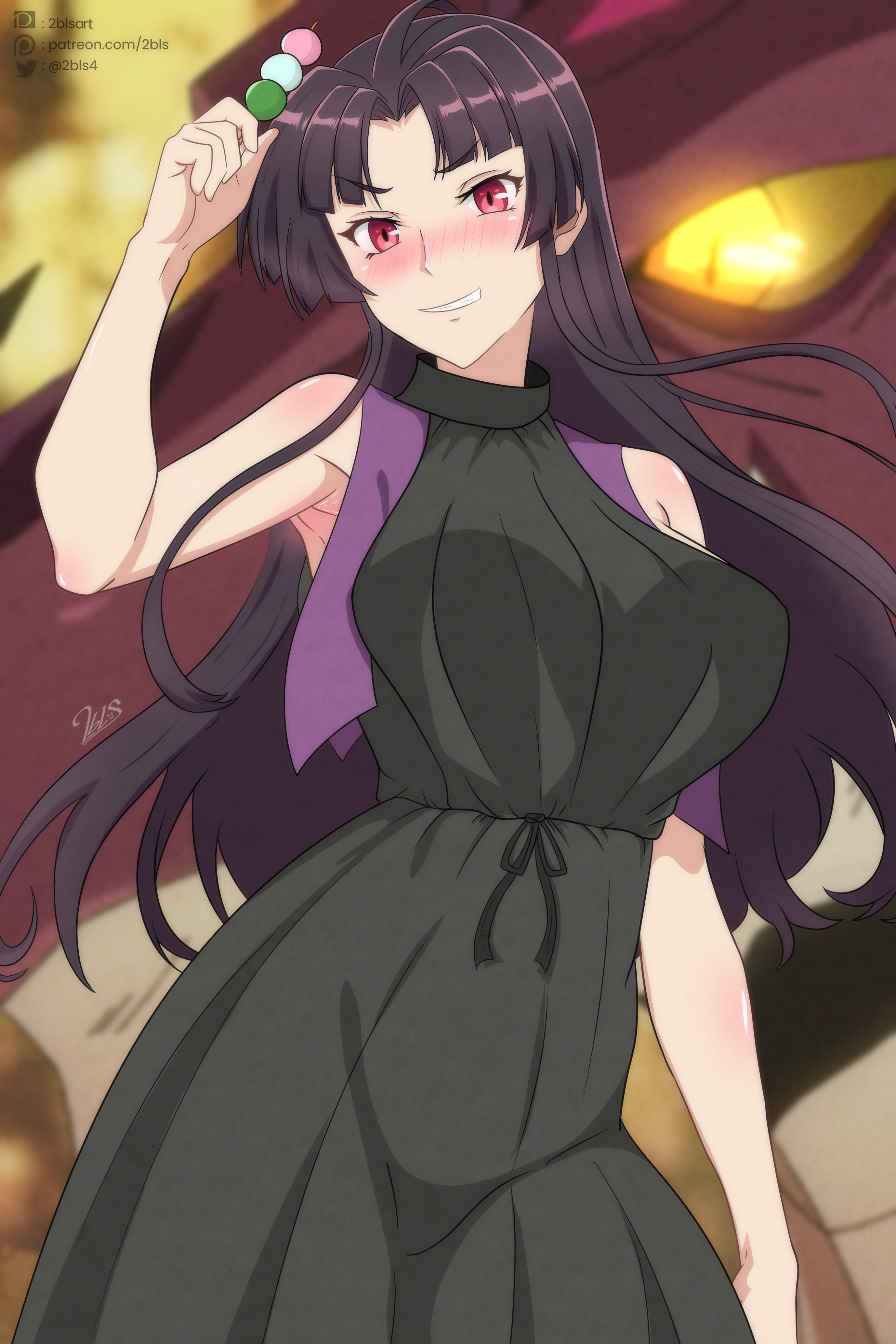 twobless, wridra, nihon e youkoso elf-san., absurdres, highres, 1girl, armpits, black dress, blush, breasts, dango, dragon, dress, dual persona, food, full-face blush, grin, holding, holding food, large breasts, long hair, looking at viewer, open mouth, red eyes, signature, smile, solo, very long hair, wagashi, western dragon, yellow eyes