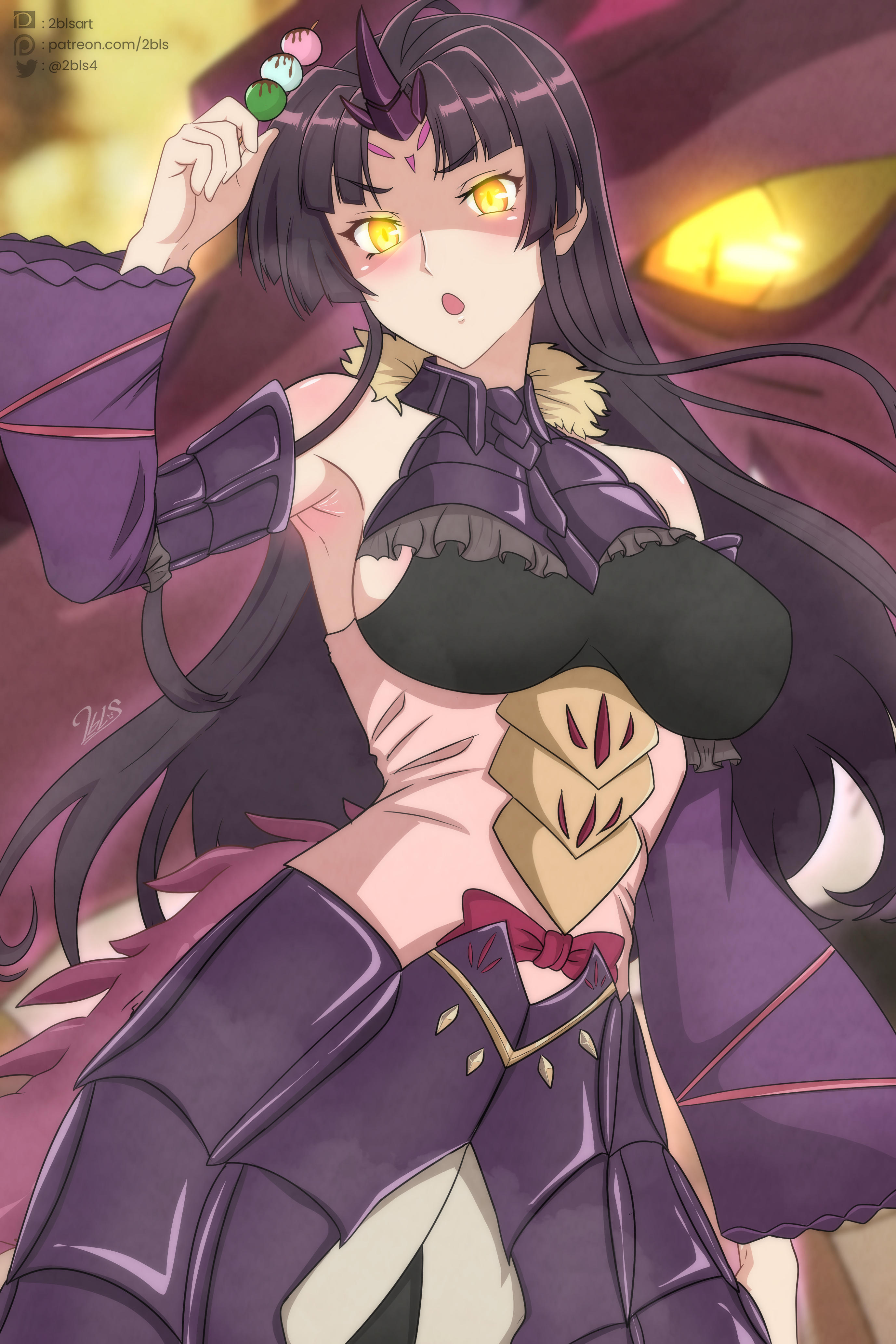 twobless, wridra, nihon e youkoso elf-san., absurdres, highres, 1girl, armor, armored skirt, armpits, blush, breastplate, breasts, dango, detached sleeves, dragon, dragon girl, dragon horns, dragon tail, dual persona, food, glowing, glowing eyes, holding, holding food, horns, large breasts, long hair, looking at viewer, open mouth, signature, solo, tail, very long hair, wagashi, western dragon, yellow eyes
