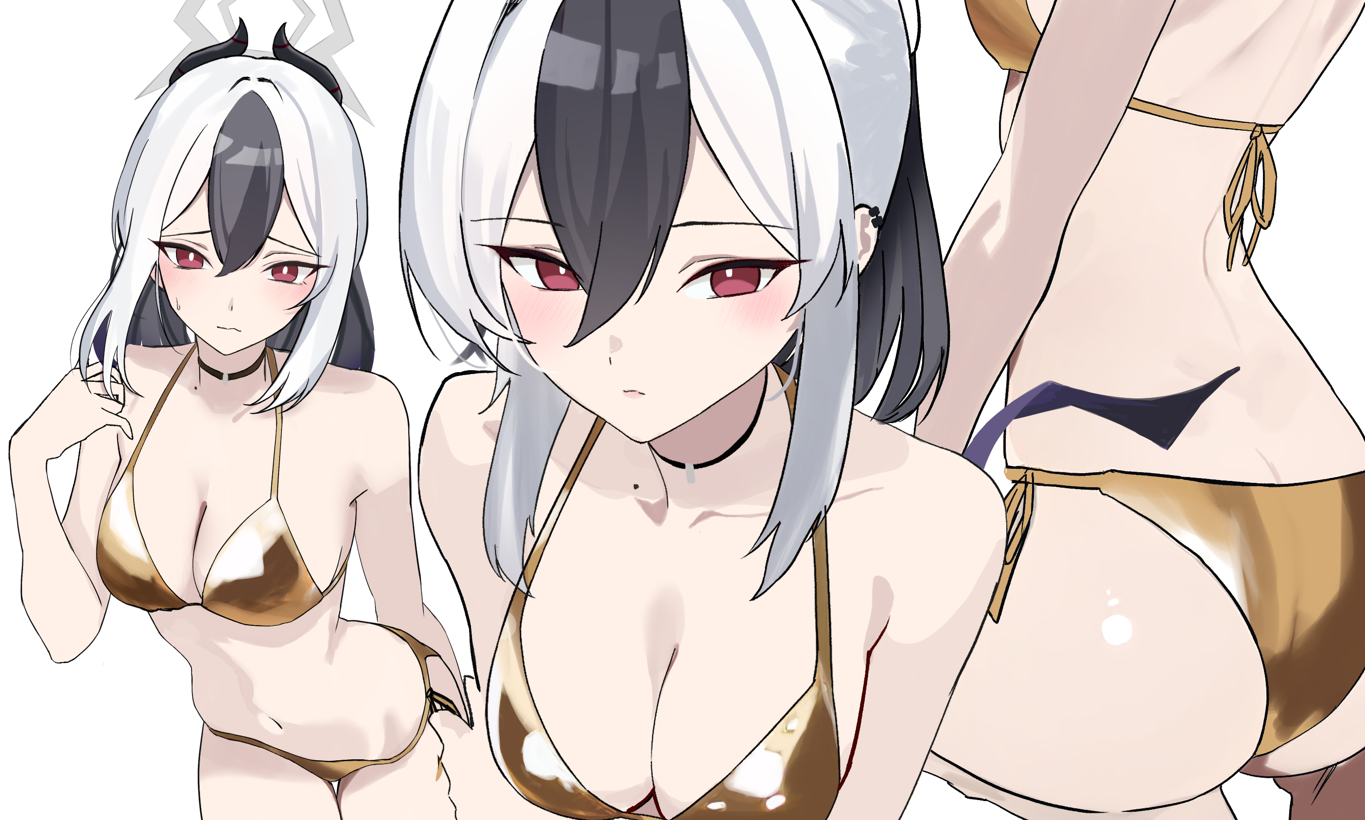keyan art, kayoko (blue archive), blue archive, commentary request, highres, 1girl, ass, bikini, black choker, black hair, black horns, blush, breasts, choker, cleavage, closed mouth, collarbone, demon horns, ear piercing, furrowed brow, gold bikini, grey hair, grey halo, hair between eyes, halo, horns, long hair, looking at viewer, medium breasts, multicolored hair, multiple views, navel, piercing, purple wings, red eyes, side-tie bikini bottom, sidelocks, simple background, single wing, standing, stomach, swimsuit, two-tone hair, white background, white hair, wings