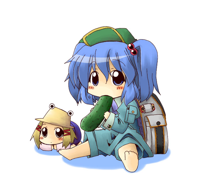mogito, kawashiro nitori, moriya suwako, touhou, 2girls, chibi, cucumber, female focus, hair bobbles, hair ornament, hat, multiple girls, two side up