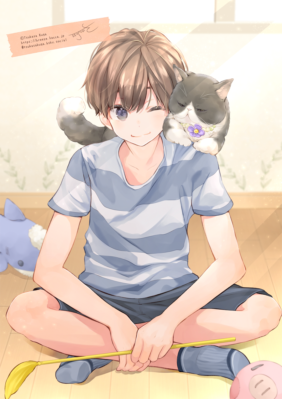 kuga tsukasa, original, commentary request, highres, 1boy, ;), animal, animal on shoulder, black shorts, brown hair, cat, cat teaser, closed mouth, day, grey eyes, grey socks, hair between eyes, indoors, looking at viewer, male focus, no shoes, on floor, one eye closed, shirt, short sleeves, shorts, signature, sitting, smile, socks, solo, striped clothes, striped shirt, stuffed animal, stuffed shark, stuffed toy, sunlight, watermark, web address, window, wooden floor