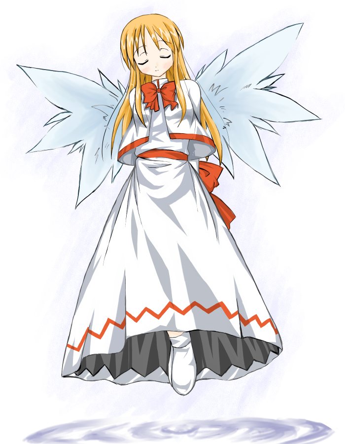 lily white, touhou, 1girl, blonde hair, bow, closed eyes, dress, female focus, flying, full body, gradient background, solo, white background, wings