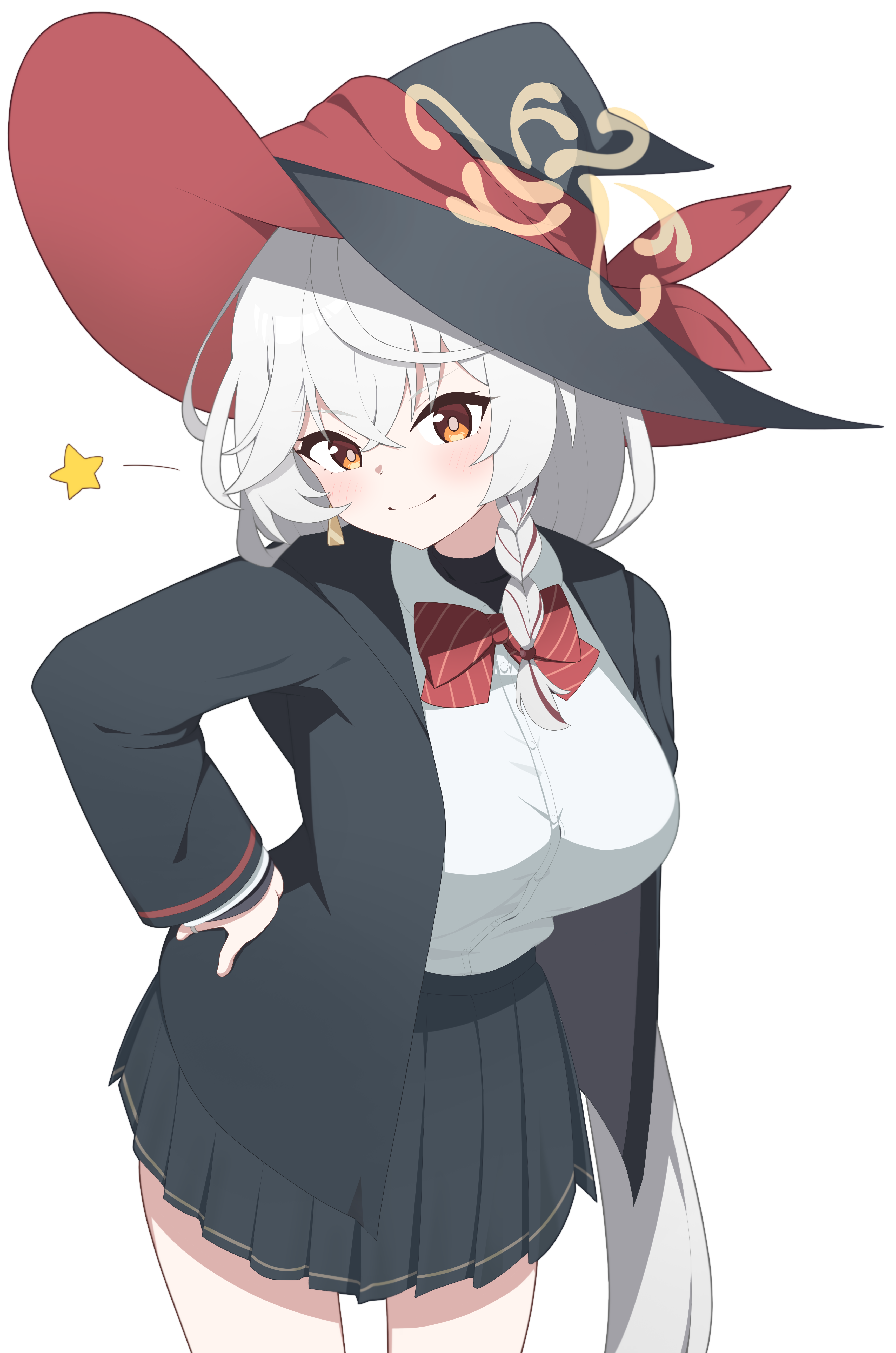 sprout (haji s), eri (blue archive), blue archive, absurdres, commentary request, highres, 1girl, black hat, black jacket, black skirt, blush, bow, braid, breasts, brown eyes, closed mouth, collared shirt, diagonal-striped bow, dress shirt, grey hair, hair between eyes, halo, hand on own hip, hat, jacket, large breasts, long hair, long sleeves, looking at viewer, open clothes, open jacket, pleated skirt, red bow, shirt, simple background, single braid, skirt, smile, solo, star (symbol), striped bow, very long hair, white background, white shirt, witch hat