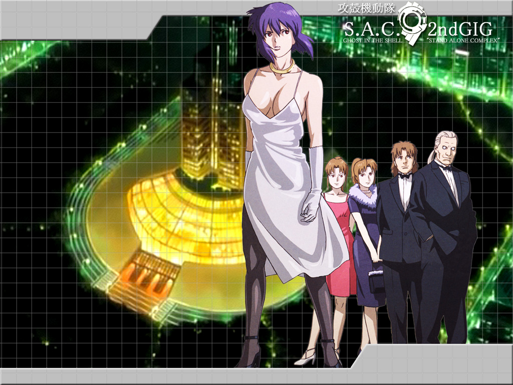 nishio tetsuya, batou (gits), kusanagi motoko, operator (gits), togusa (gits), ghost in the shell, ghost in the shell: stand alone complex, fur, 00s, 2boys, 3girls, bag, breasts, brown hair, cleavage, dress, elbow gloves, formal clothes, gloves, handbag, high heels, jewelry, military operator, multiple boys, multiple girls, necklace, pantyhose, ponytail, purple hair, shoes, short hair, suit, tuxedo, white hair