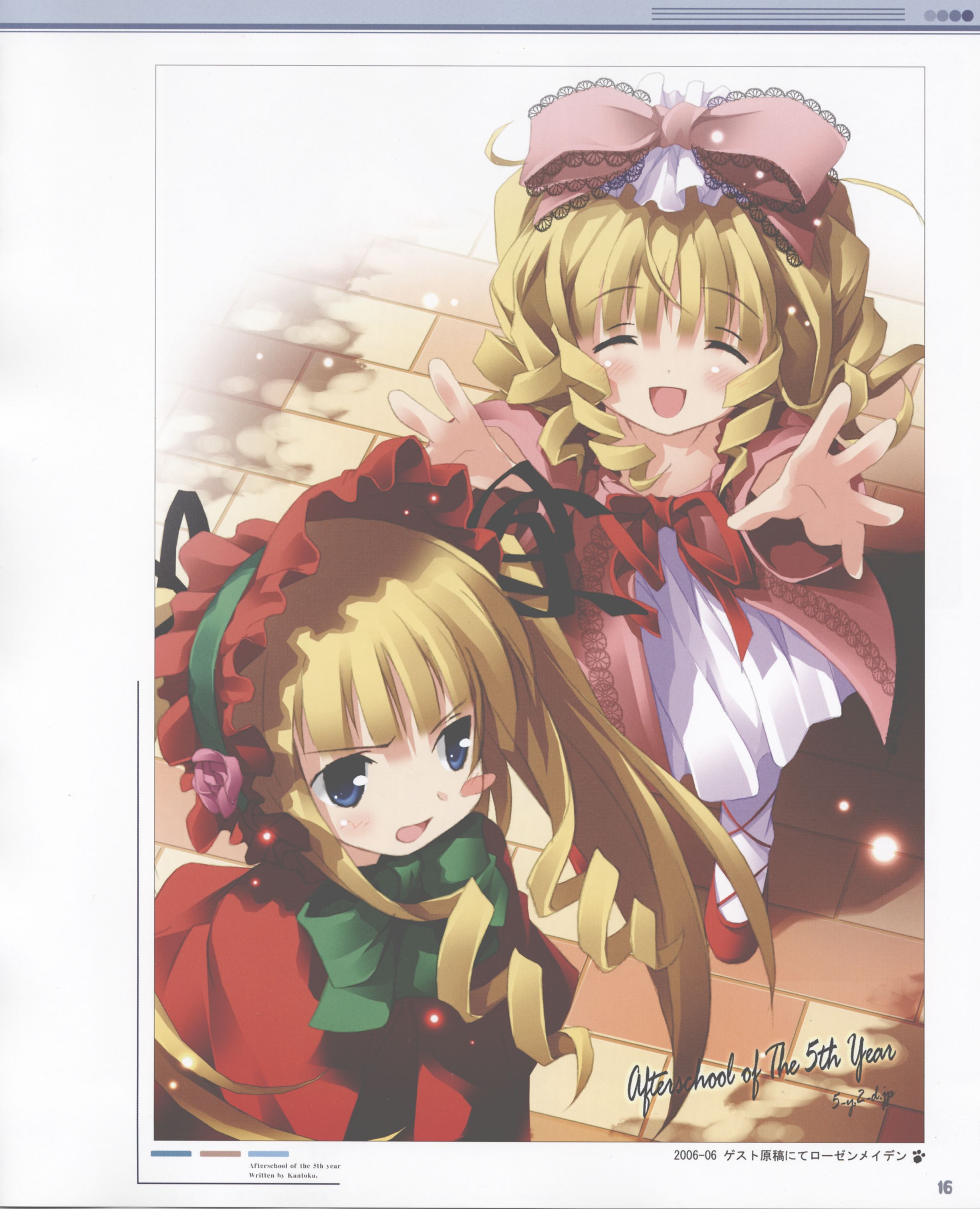 kantoku, hinaichigo, shinku, kantoku collection, rozen maiden, absurdres, artbook, highres, scan, 00s, 2girls, blonde hair, bow, multiple girls, pink bow