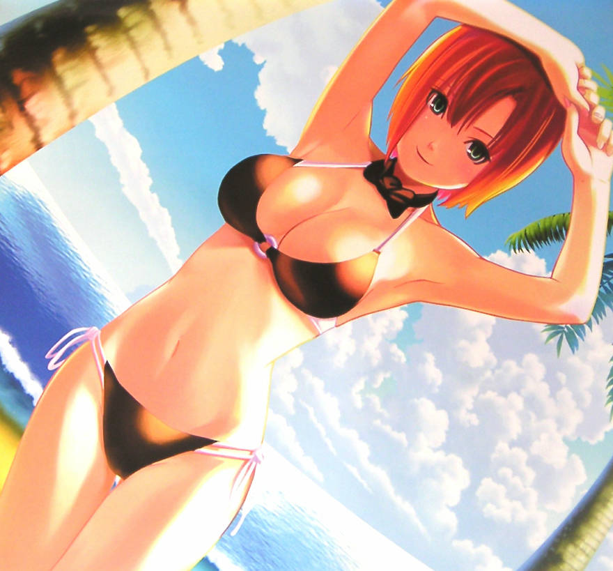 koutaro, rio rollins, super blackjack, 1girl, armpits, arms up, bikini, black bikini, breasts, cleavage, day, female focus, fingernails, long fingernails, side-tie bikini bottom, solo, standing, swimsuit