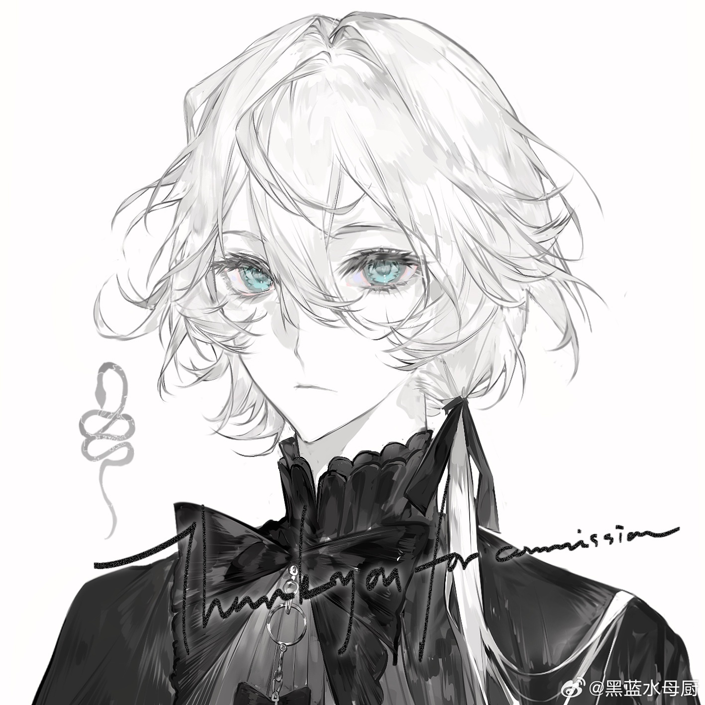 original, highres, 1boy, bishounen, black bow, black ribbon, blue eyes, bow, bowtie, closed mouth, hair between eyes, hair ribbon, heilanshuimuchu, long hair, looking at viewer, low ponytail, male focus, pale skin, ponytail, ribbon, spot color, upper body, white hair
