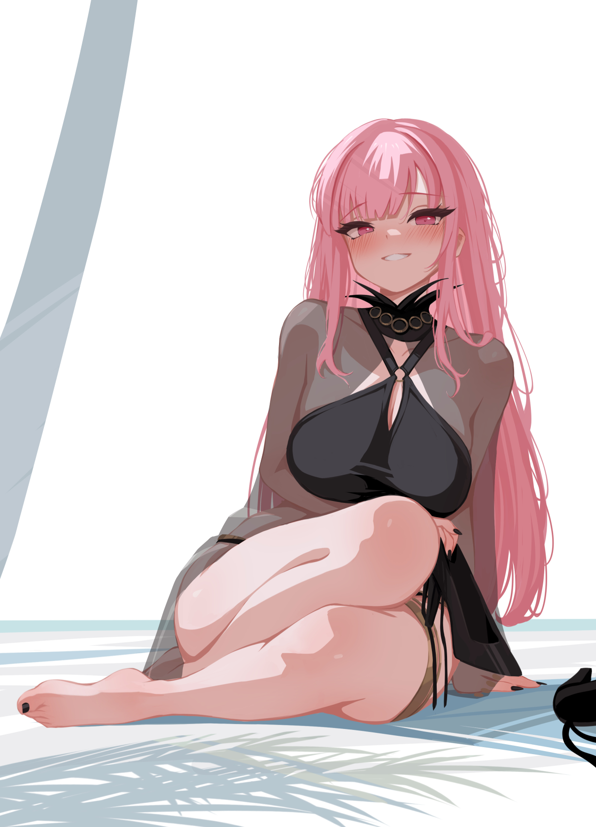 sansha art, mori calliope, mori calliope (holonatsu paradise), hololive, hololive english, holonatsu paradise, highres, 1girl, bare legs, barefoot, bikini, black bikini, black nails, blush, breasts, feet, legs, long hair, looking at viewer, nail polish, official alternate costume, pink hair, sarong, see-through clothes, see-through sarong, simple background, sitting, smile, solo, swimsuit, toenail polish, toenails, toes, virtual youtuber, white background