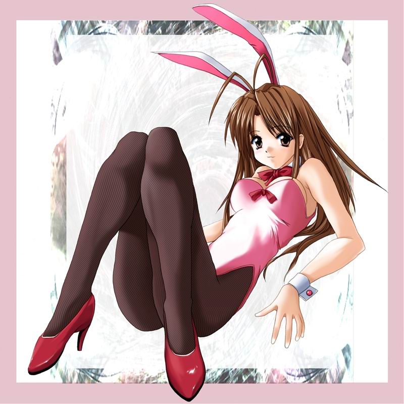 komichi, narusegawa naru, love hina, animal ears, brown eyes, brown hair, cuffs, fake animal ears, high heels, leotard, long hair, pantyhose, playboy bunny, rabbit ears, red shoes, shoes, solo, wrist cuffs