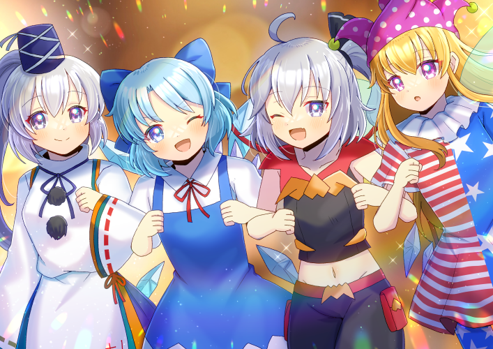 kou hiyoyo, cirno, clownpiece, mononobe no futo, original, touhou, commentary request, commission, skeb commission, 4girls, blonde hair, blue dress, blue eyes, blue hair, breasts, dress, fairy wings, grey hair, hat, ice, ice wings, japanese clothes, jester cap, kariginu, locked arms, long hair, multi-source commentary, multiple girls, oc x canon, one eye closed, open mouth, polka dot, pom pom (clothes), ponytail, shirt, short sleeves, small breasts, smile, sugardre scarlet, wings