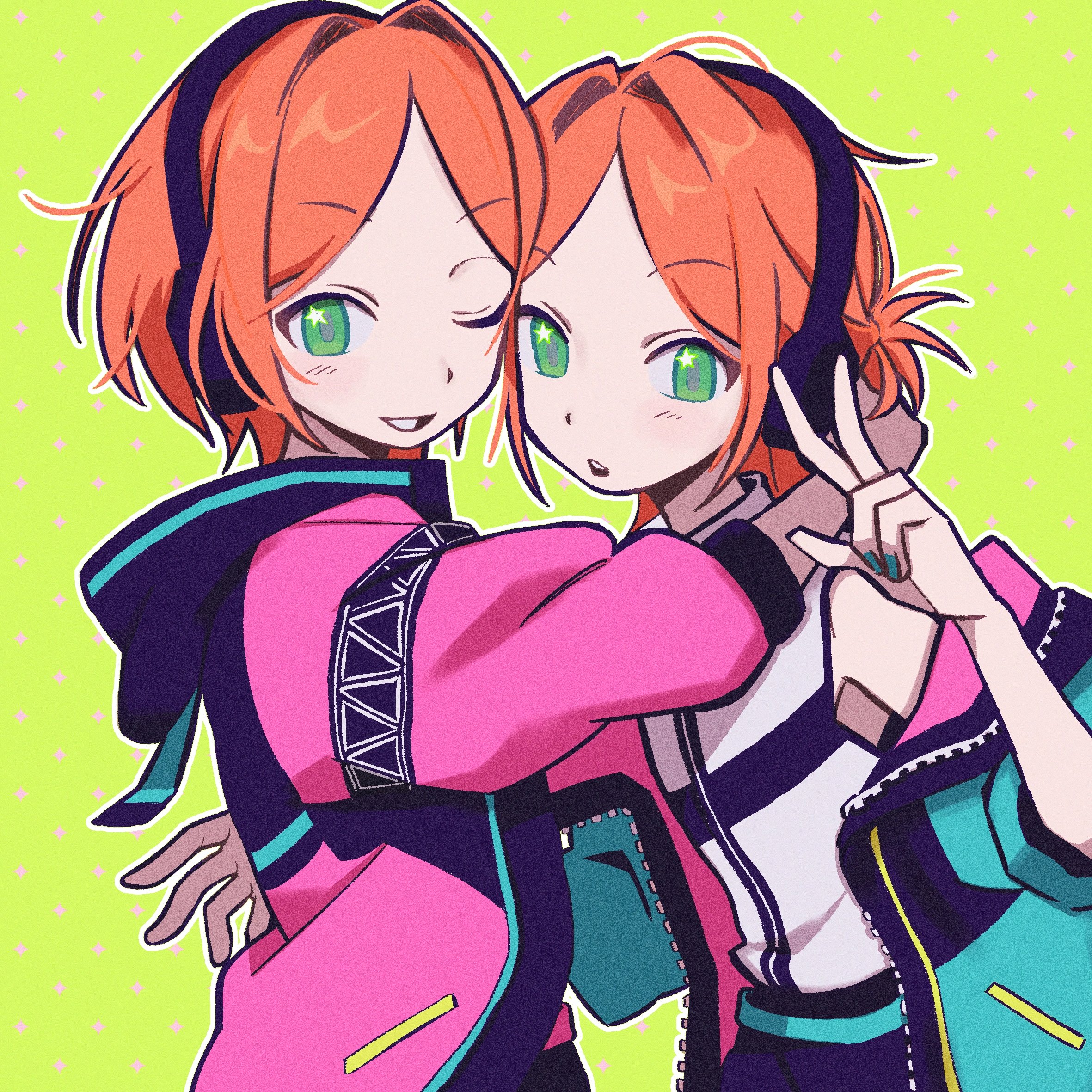 ivib, aoi hinata, aoi yuta, ensemble stars!, highres, 2boys, 2wink (ensemble stars!), belt, blush, brothers, dotted background, green background, green eyes, hair intakes, hair ornament, hand on another's waist, headphones, heads together, high collar, holding, holding another's hair, hood, hood down, idol, jacket, long sleeves, looking at viewer, loose hair strand, male focus, multicolored jacket, multiple boys, nail polish, one eye closed, open clothes, open jacket, open mouth, orange hair, pants, parted bangs, parted lips, pocket, ponytail, shirt, short hair, short ponytail, siblings, simple background, sleeve cuffs, smile, sparkle background, star (symbol), star in eye, symbol in eye, three-quarter sleeves, twins, v, vest, zipper