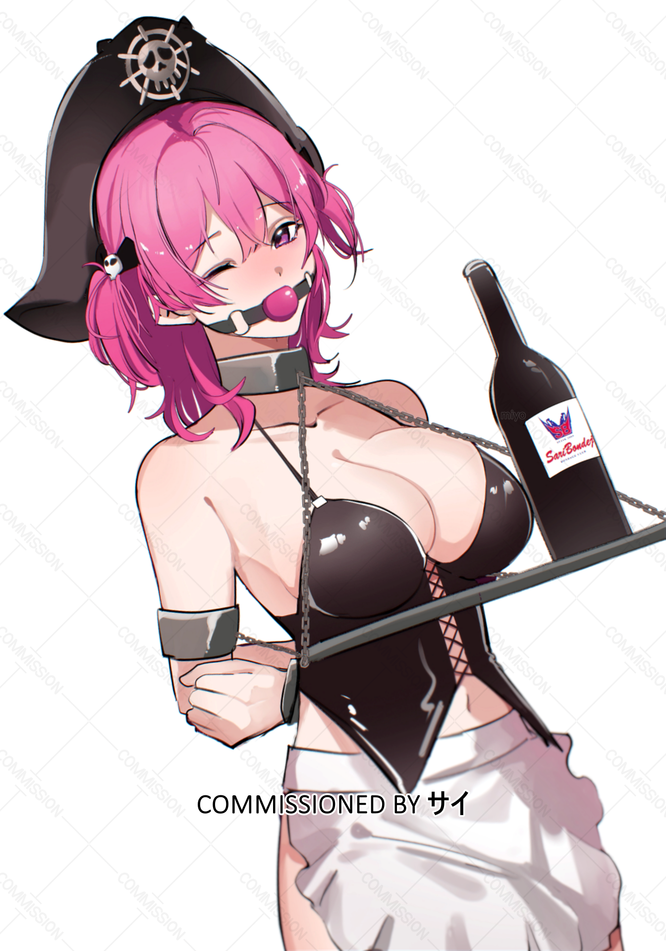 mast (nikke), mast (romantic maid) (nikke), goddess of victory: nikke, highres, 1girl, apron, ball gag, bare shoulders, bdsm, beer bottle, blush, bondage, bound, breasts, chain, corset, gag, hat, kyona 7898, maid apron, medium breasts, navel, one eye closed, pink eyes, pink hair, pirate hat, serving tray (bdsm), white background