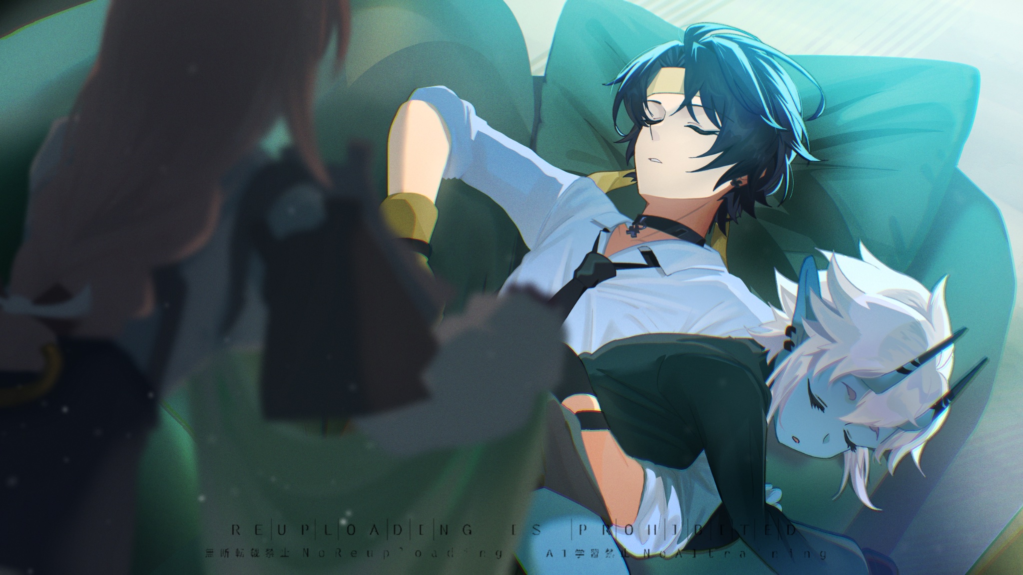 piyansuke, asaba harumasa, soukaku (zenless zone zero), tsukishiro yanagi, zenless zone zero, highres, 1boy, 2girls, aqua jacket, black choker, black gloves, black hair, black necktie, black skirt, blue horns, blue oni, blue skin, choker, colored skin, dress shirt, earrings, gloves, hair between horns, headband, high-waist skirt, horns, jacket, jewelry, lying, multicolored horns, multiple girls, necktie, on back, oni, pencil skirt, pink hair, pointy ears, ring hair ornament, shirt, skin-covered horns, skirt, sleeping, sleeping on person, sleeves rolled up, two-tone horns, white hair, white shirt, yellow gloves, yellow headband