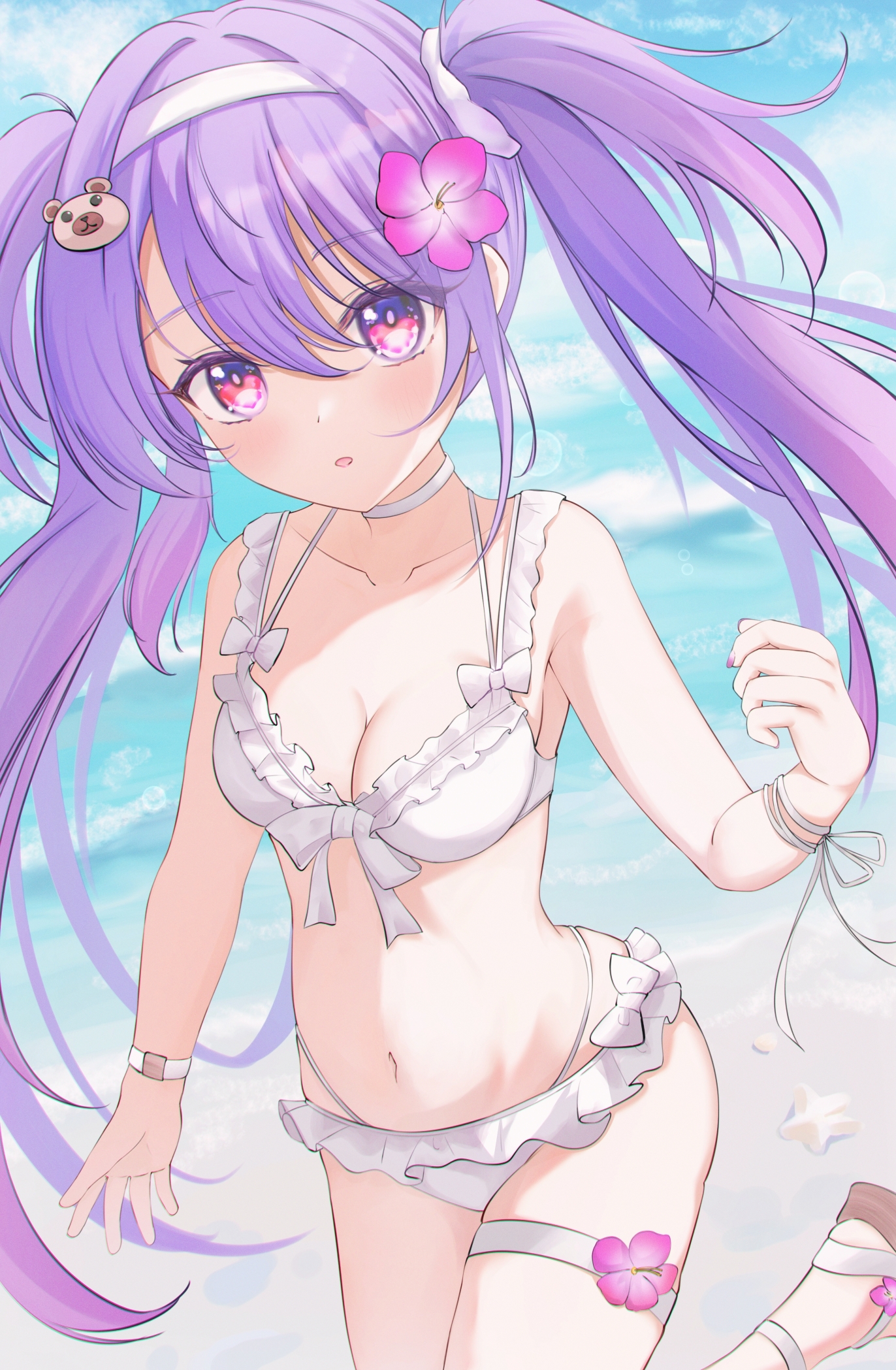 umidemi, original, highres, 1girl, bikini, breasts, cleavage, flower, hair flower, hair ornament, long hair, looking at viewer, medium breasts, purple hair, solo, swimsuit, twintails, white bikini