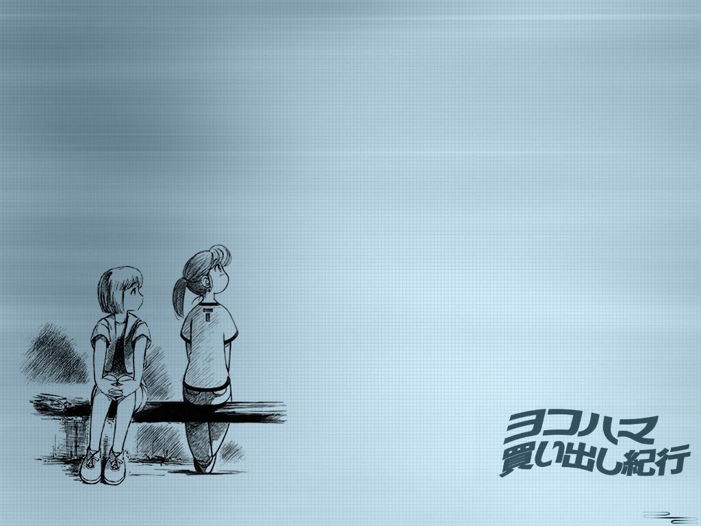 ashinano hitoshi, hatsuseno alpha, takatsu kokone, yokohama kaidashi kikou, 2girls, blue theme, monochrome, multiple girls, ponytail, sitting