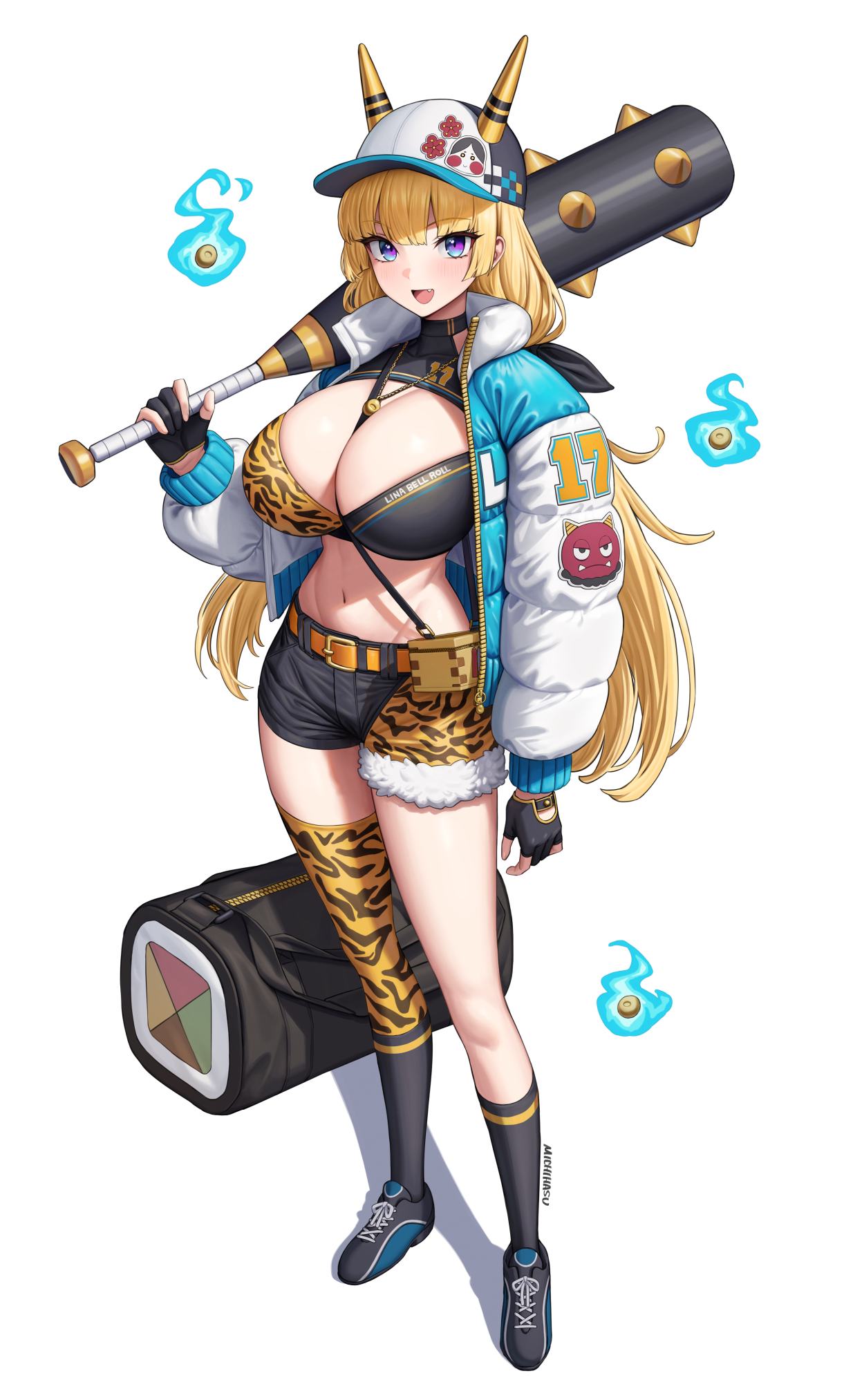 michihasu, lina (michihasu), original, highres, 1girl, animal print, artist name, bag, between breasts, black gloves, black shorts, black socks, blonde hair, blue eyes, blue jacket, breasts, cleavage, club, club (weapon), crop top, duffel bag, fake horns, full body, gloves, holding, holding club, holding weapon, horns, jacket, large breasts, long hair, long sleeves, looking at viewer, low twintails, midriff, multicolored jacket, navel, open mouth, over shoulder, partially fingerless gloves, puffy long sleeves, puffy sleeves, short shorts, shorts, simple background, smile, socks, solo, spiked club, standing, strap between breasts, tiger print, twintails, weapon, weapon over shoulder, white background