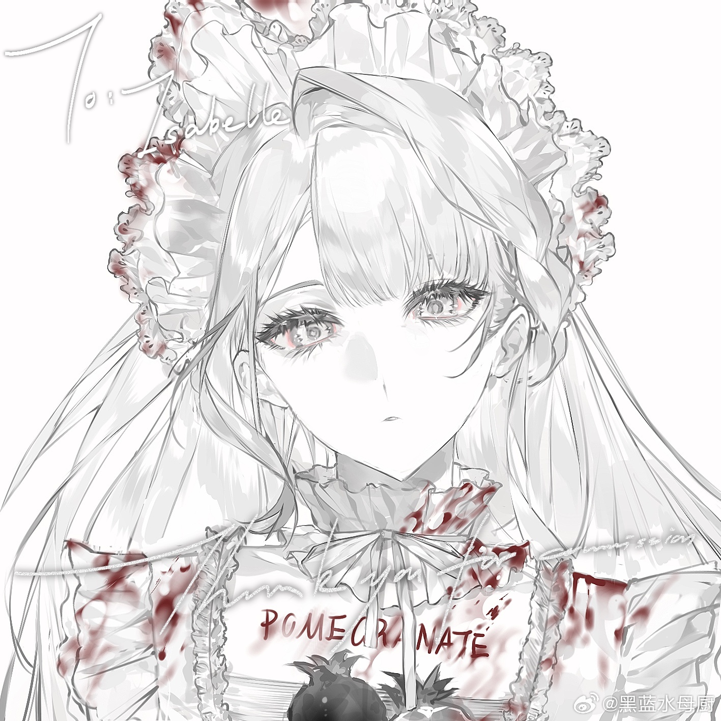 original, highres, 1girl, ahoge, apple, blood, blood on clothes, body writing, bonnet, choker, closed mouth, dress, english text, expressionless, food, frilled bonnet, frilled choker, frilled dress, frills, fruit, hair between eyes, heilanshuimuchu, holding, holding food, holding fruit, jewelry, long hair, looking at viewer, monochrome, ribbon, simple background, spot color, upper body, white background, white hair