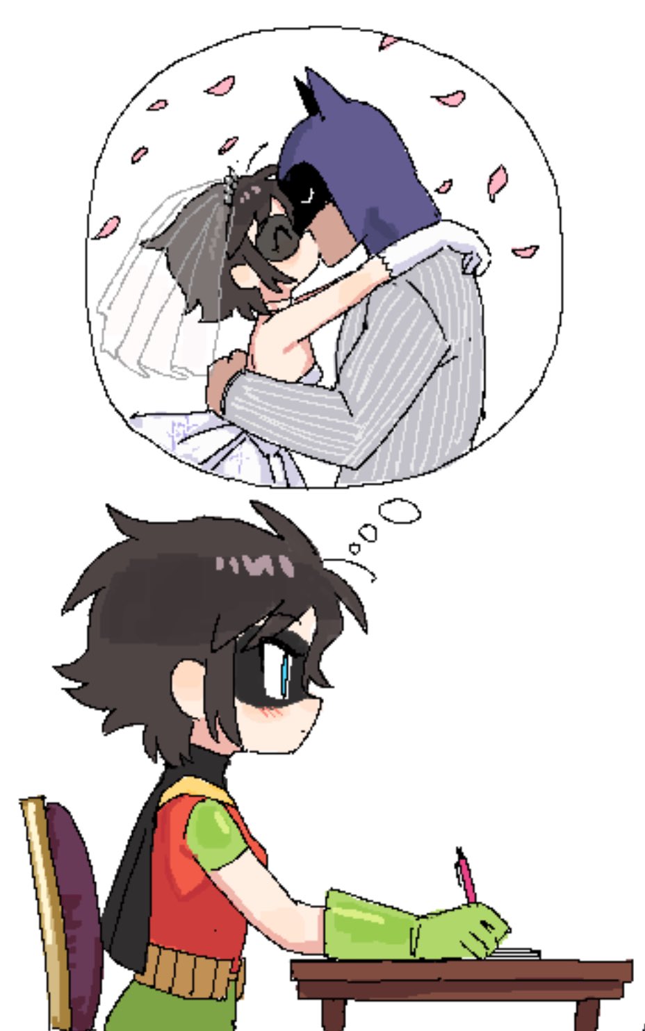batrobin k, batman, robin (batrobin k), batman (series), dc comics, highres, 1boy, 1girl, arm around waist, belt, black capelet, black hair, black mask, blue eyes, capelet, chair, cherry blossoms, cowl, desk, domino mask, dress, falling petals, genderswap, genderswap (mtf), gloves, green gloves, hair between eyes, hetero, jaggy lines, kiss, mask, meme, petals, profile, she versus he thought bubble (meme), simple background, strapless, strapless dress, superhero costume, wedding dress, white background