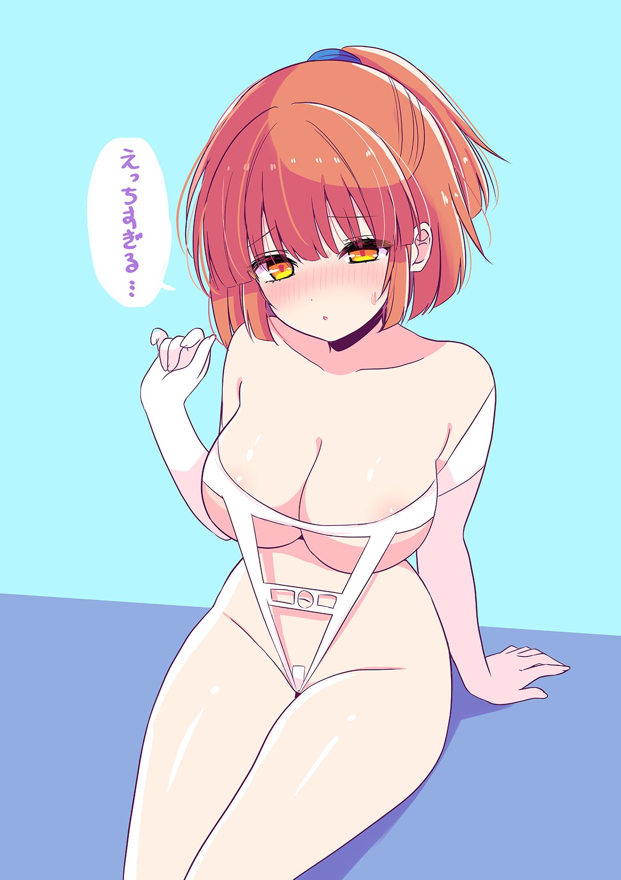 shiwasu horio, arle nadja, madou monogatari, puyopuyo, commentary request, highres, translation request, 1girl, :o, areola slip, bare shoulders, blue background, blush, breasts, brown hair, cleavage, elbow gloves, gloves, groin, hand up, large breasts, looking at viewer, nose blush, one-piece swimsuit, parted lips, ponytail, simple background, sitting, solo, swimsuit, white gloves, white one-piece swimsuit, yellow eyes
