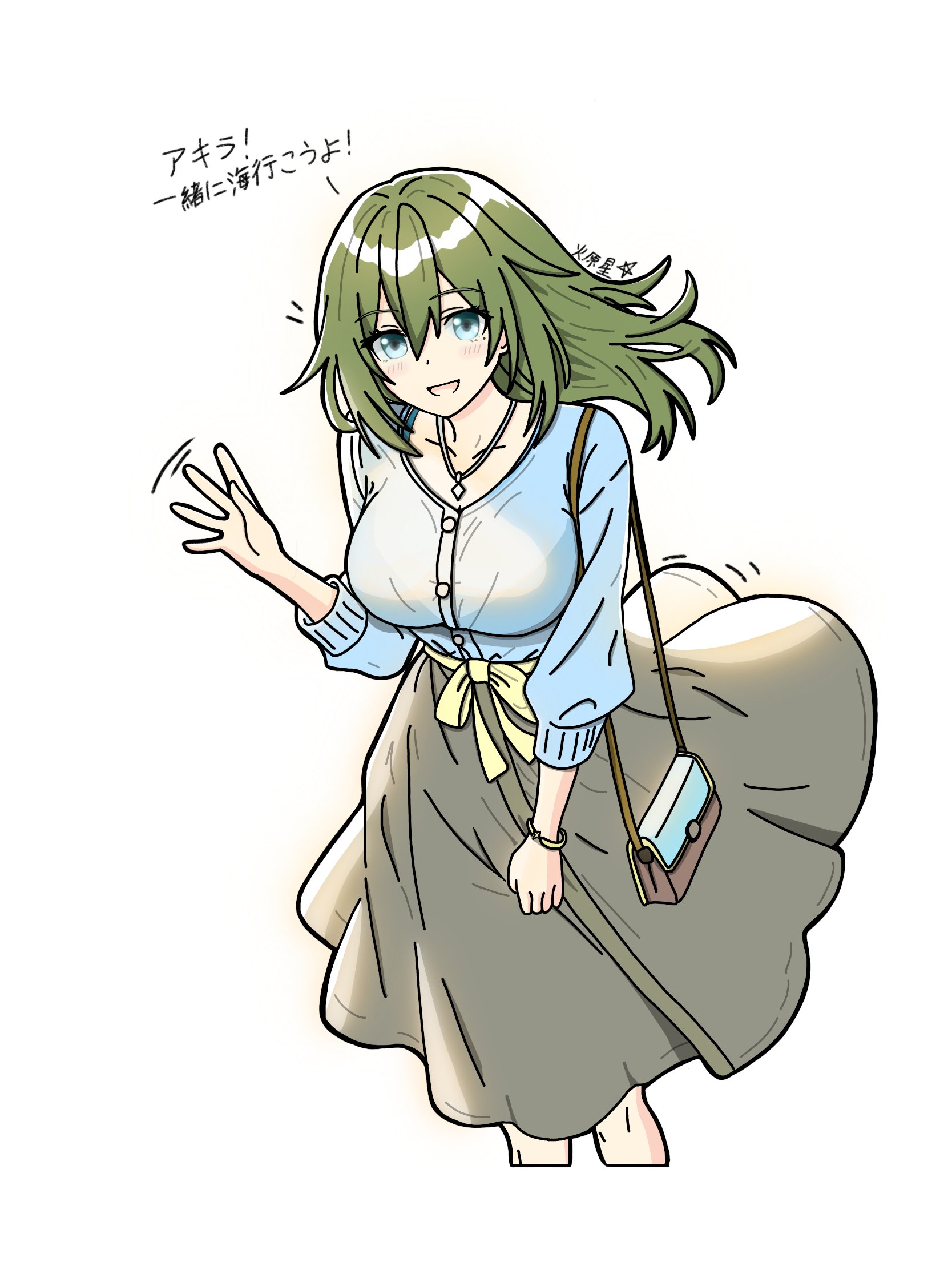venus (zenless zone zero), zenless zone zero, highres, translation request, 1girl, bag, blue eyes, blue shirt, breasts, feet out of frame, green hair, grey skirt, hand up, hibarakirari, jewelry, large breasts, long hair, long skirt, looking at viewer, necklace, shirt, shoulder bag, simple background, skirt, solo, waving, white background