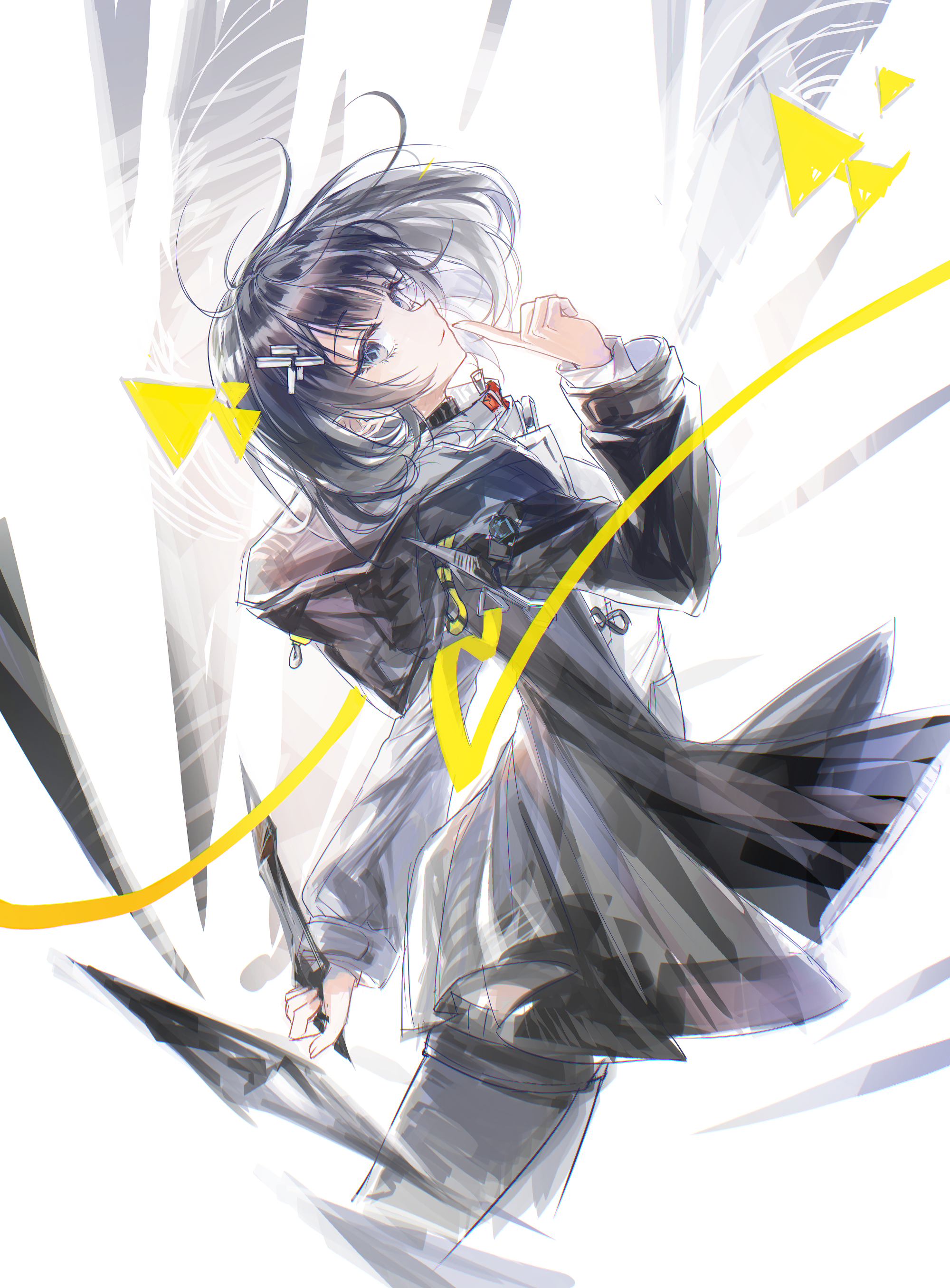 fenzisheng1, endministrator (arknights), female endministrator (arknights), arknights, arknights: endfield, absurdres, highres, 1girl, black hair, black jacket, blue eyes, diamond-shaped pupils, diamond (shape), finger to mouth, hood, hood down, hooded jacket, index finger raised, jacket, long sleeves, looking at viewer, medium hair, open clothes, open jacket, shirt, solo, symbol-shaped pupils, white shirt